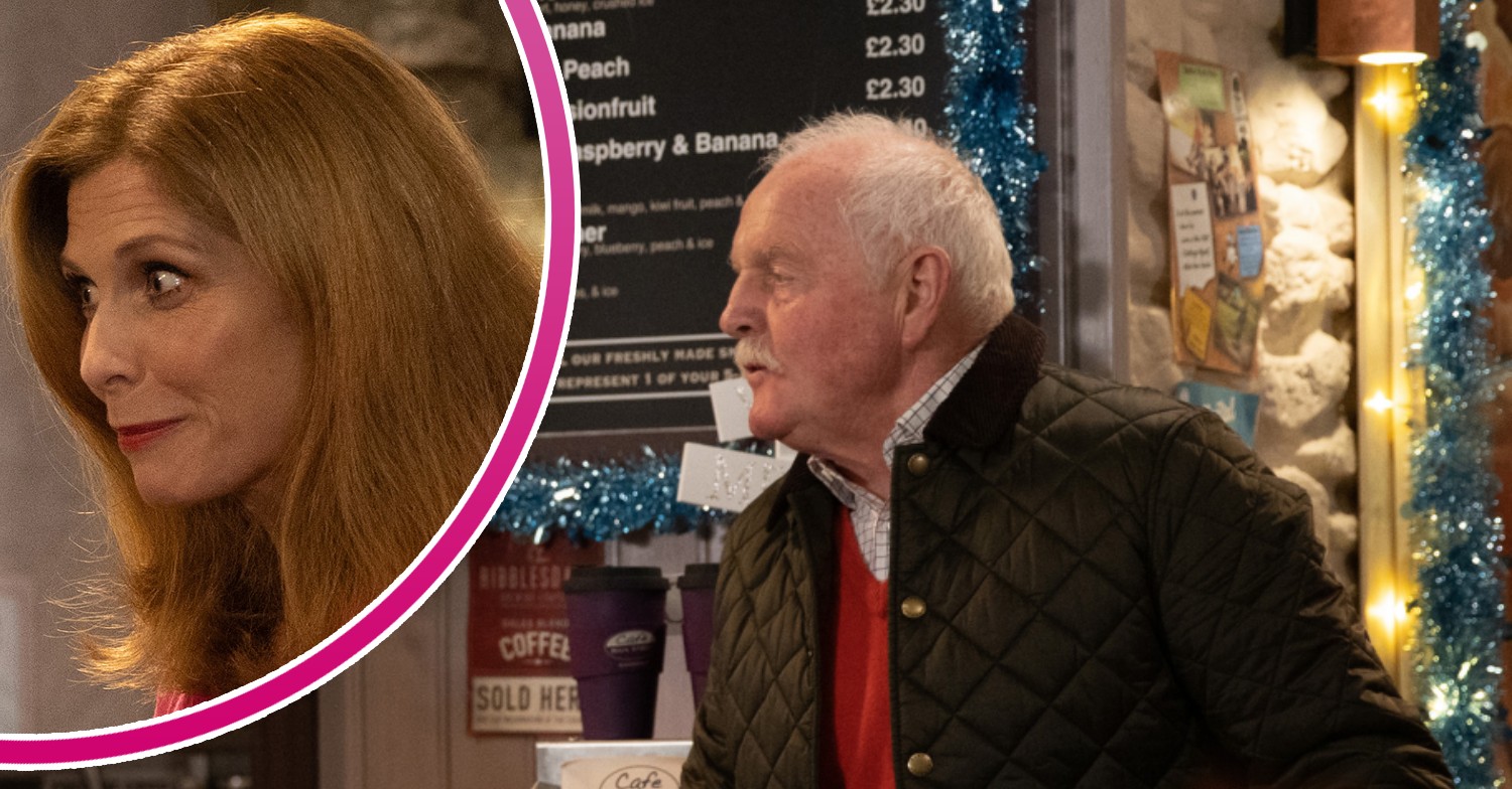 Eric Pollard looking to the side and Bernice looking wide-eyed in Emmerdale