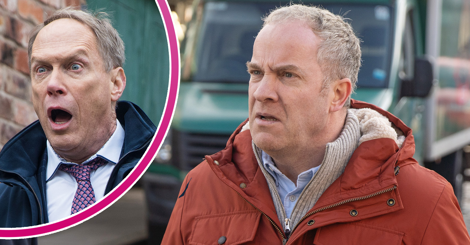 Coronation Street's Teddy is looking angry and, in a bubble, Stephen is looking shocked
