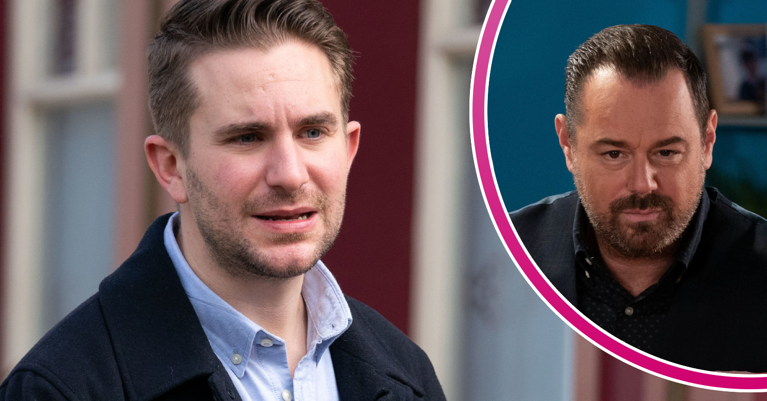 EastEnders' Callum is looking serious and, in a bubble, Mick is looking angry