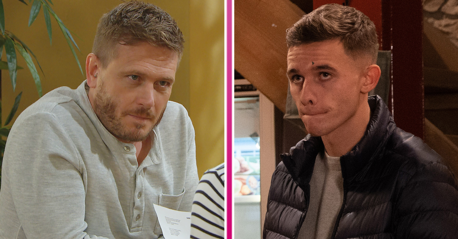 Emmerdale's David is looking guilty and Jacob is looking uncomfortable