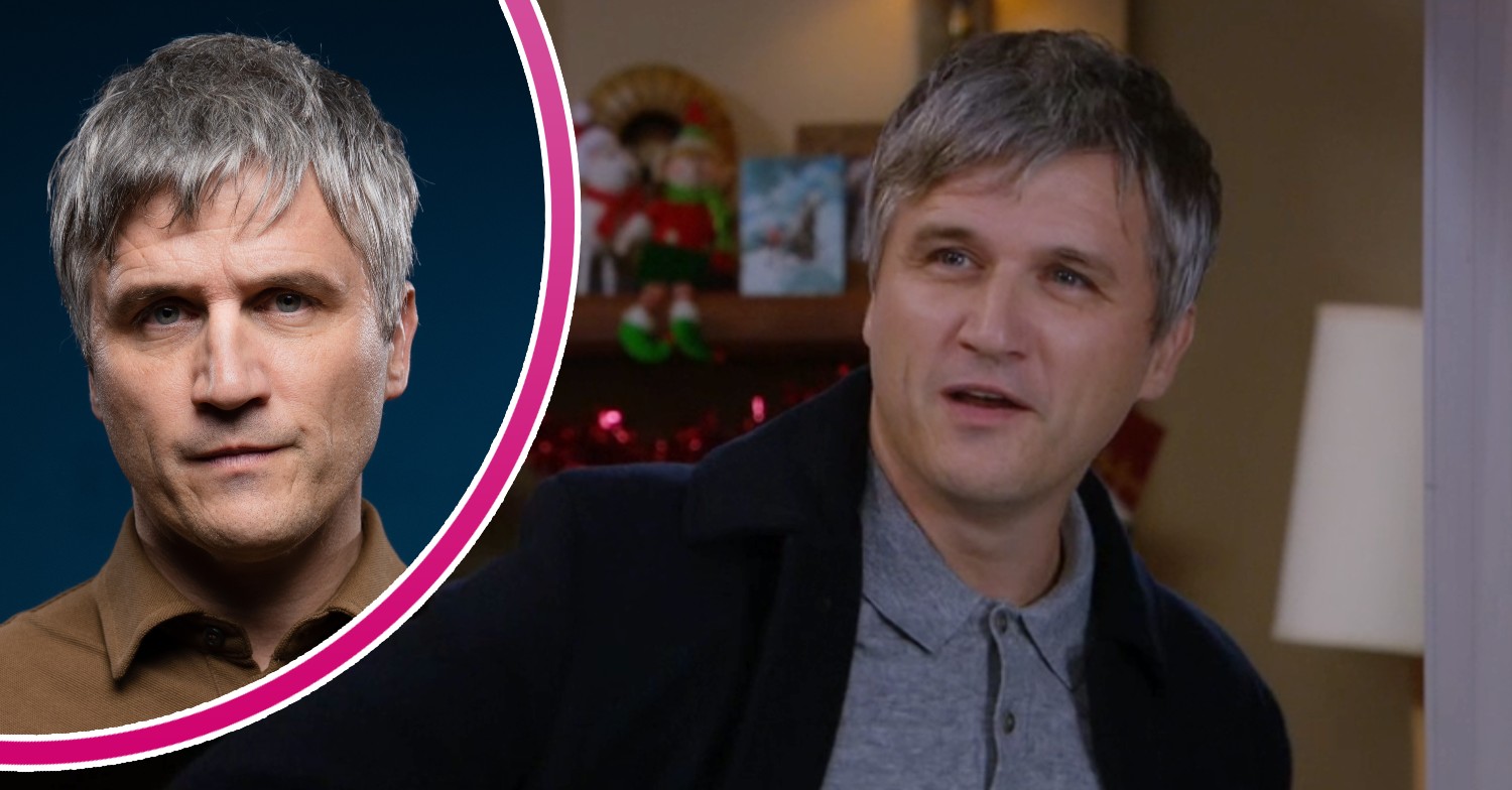 Caleb looking serious and baffled in Emmerdale