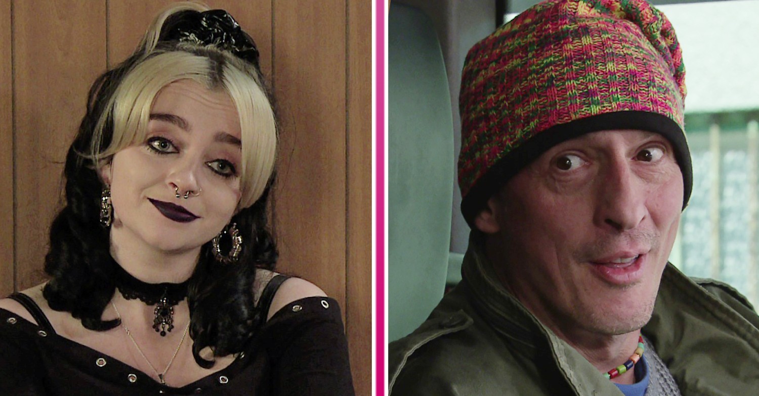 Nina smiling and Spider looking worried in Coronation Street