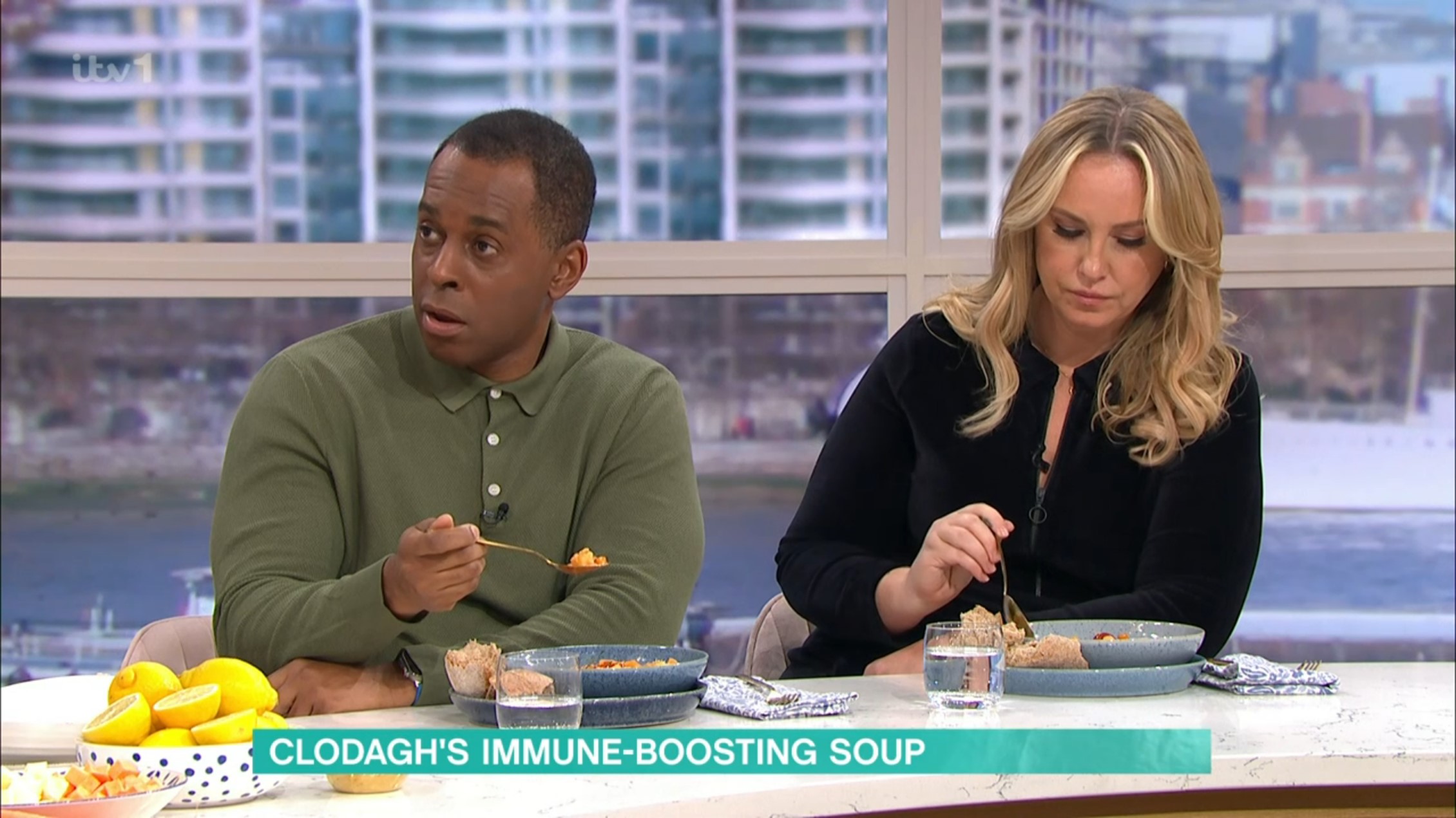 Andi Peters and Josie Gibson eating on This Morning today