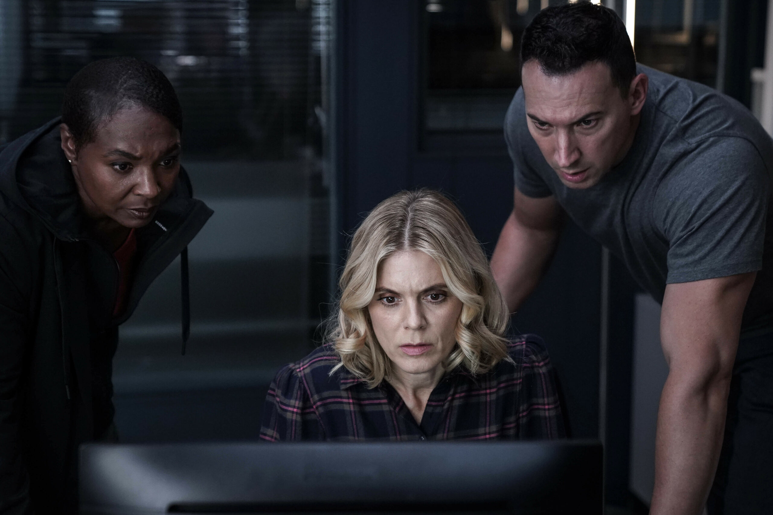 Nikki, Jack and Tores look at a computer on Silent Witness