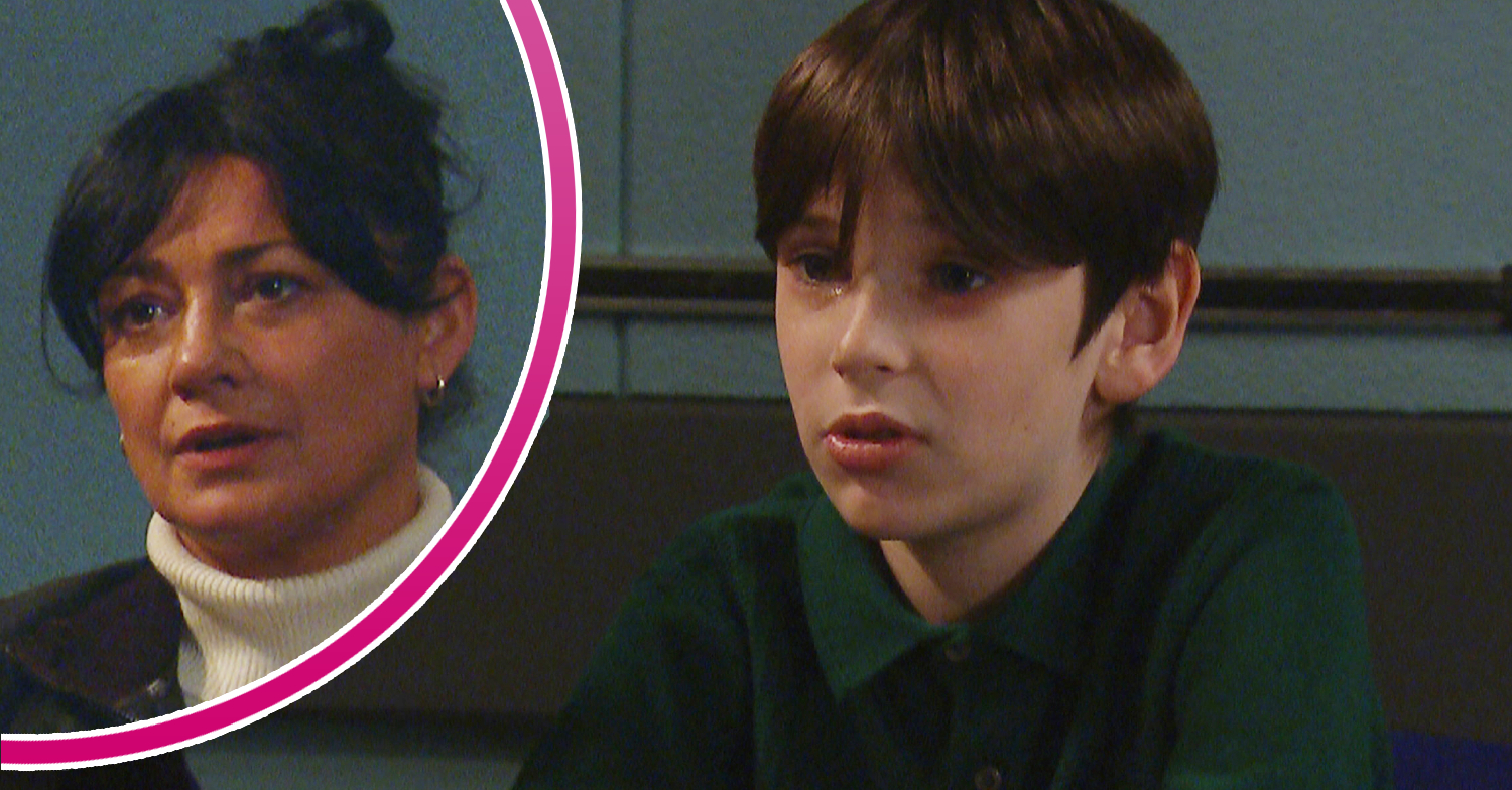 Emmerdale's Kyle is looking upset and, in a bubble, Moira is keeping a straight face