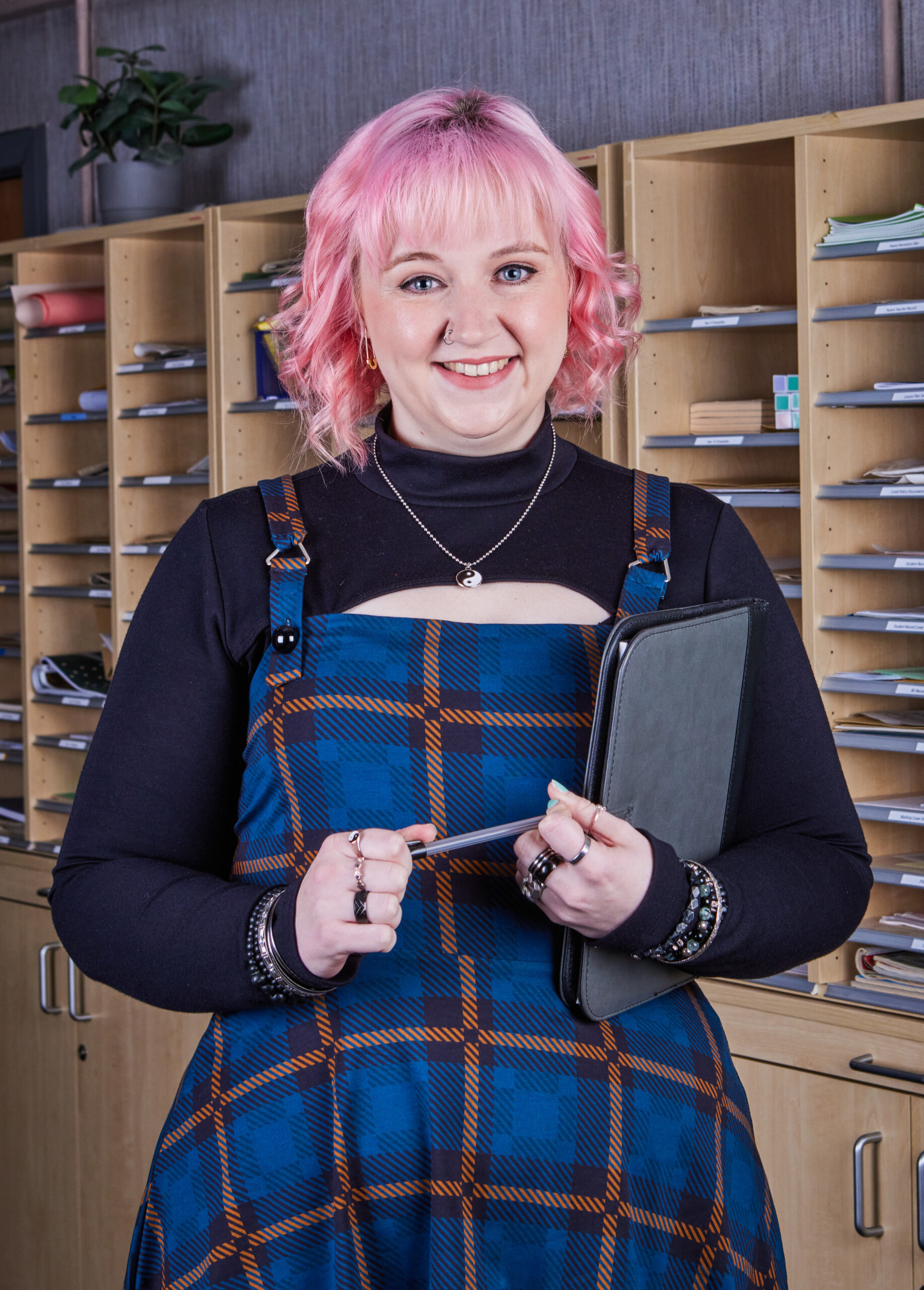 Amy Spratt smiles in the Waterloo Road staff room