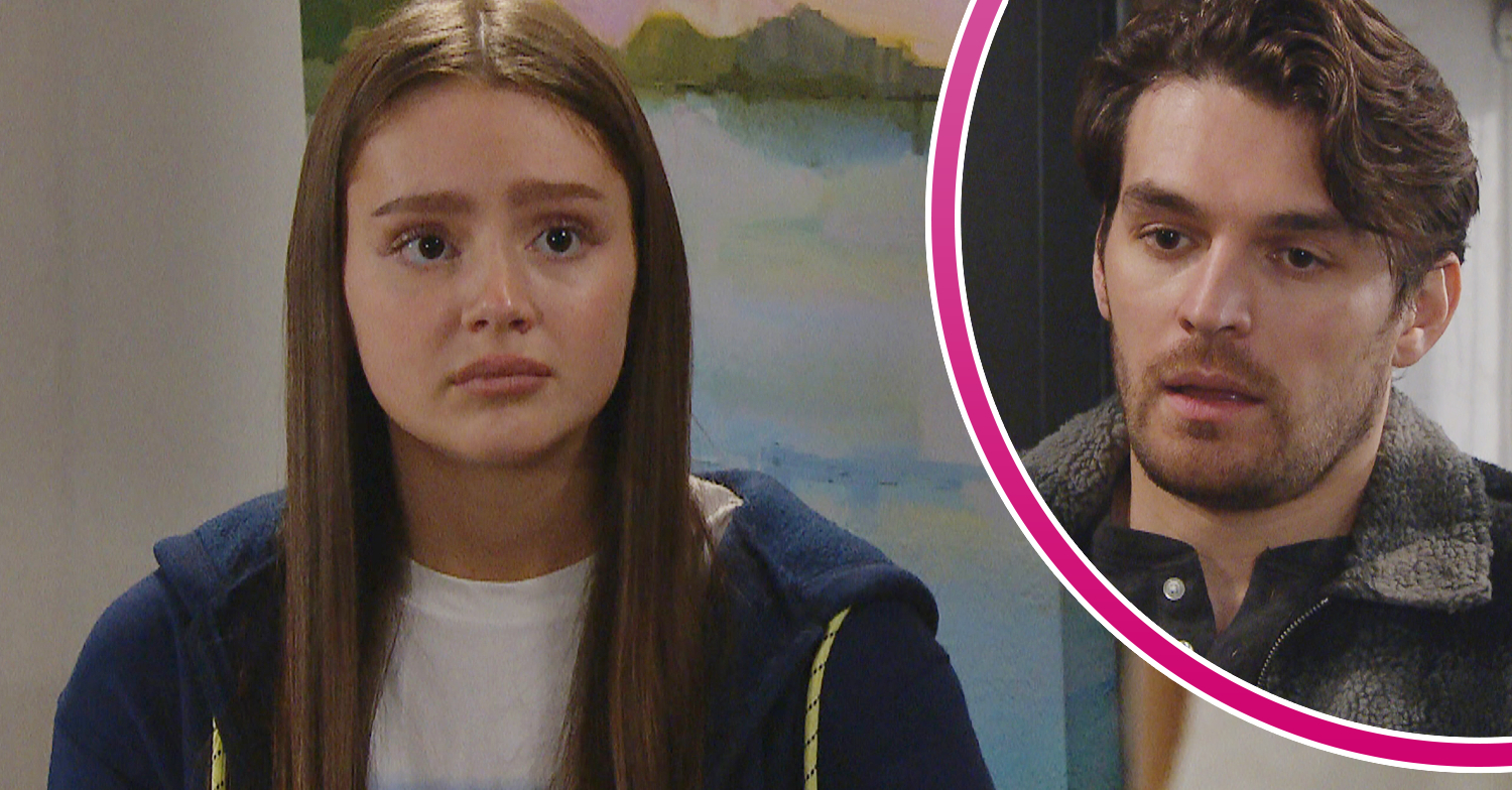 Emmerdale's Sarah is looking inquisitive and, in a bubble, Mack is looking suspicious