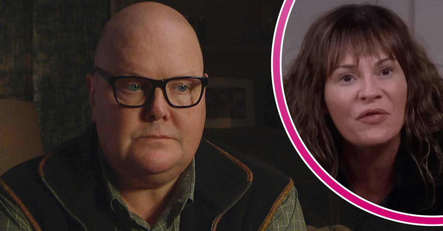 Emmerdale's Paddy is looking upset and, in a bubble, Chas is looking bitter