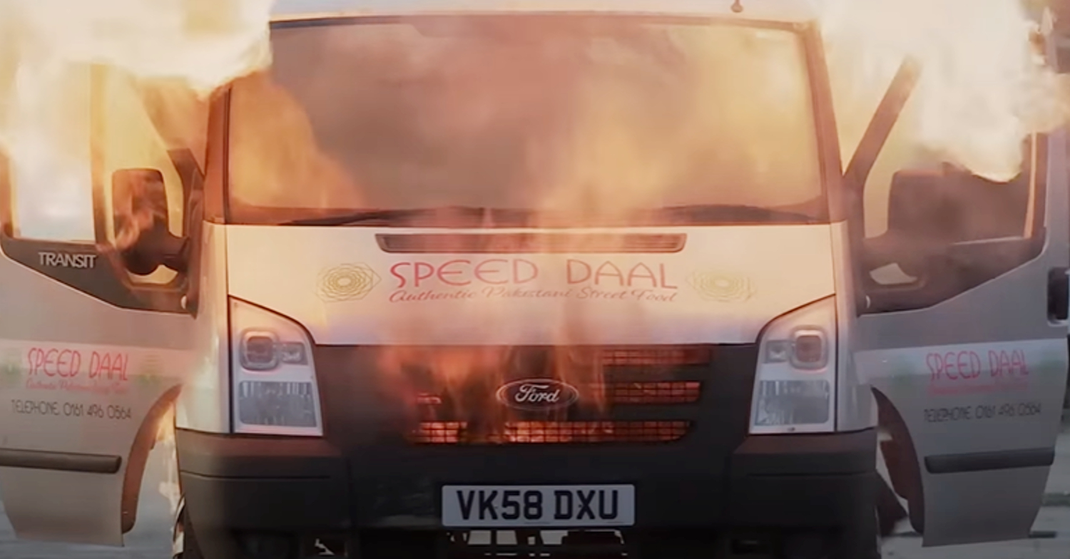 Coronation Street's Speed Dahl van is covered in flames