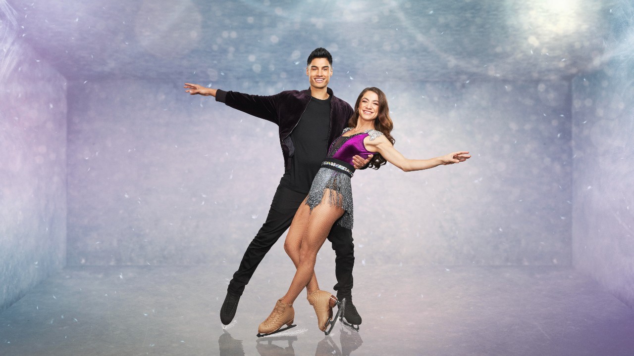 Siva Kaneswaran and Klabera Komini smile together on Dancing on Ice 2023