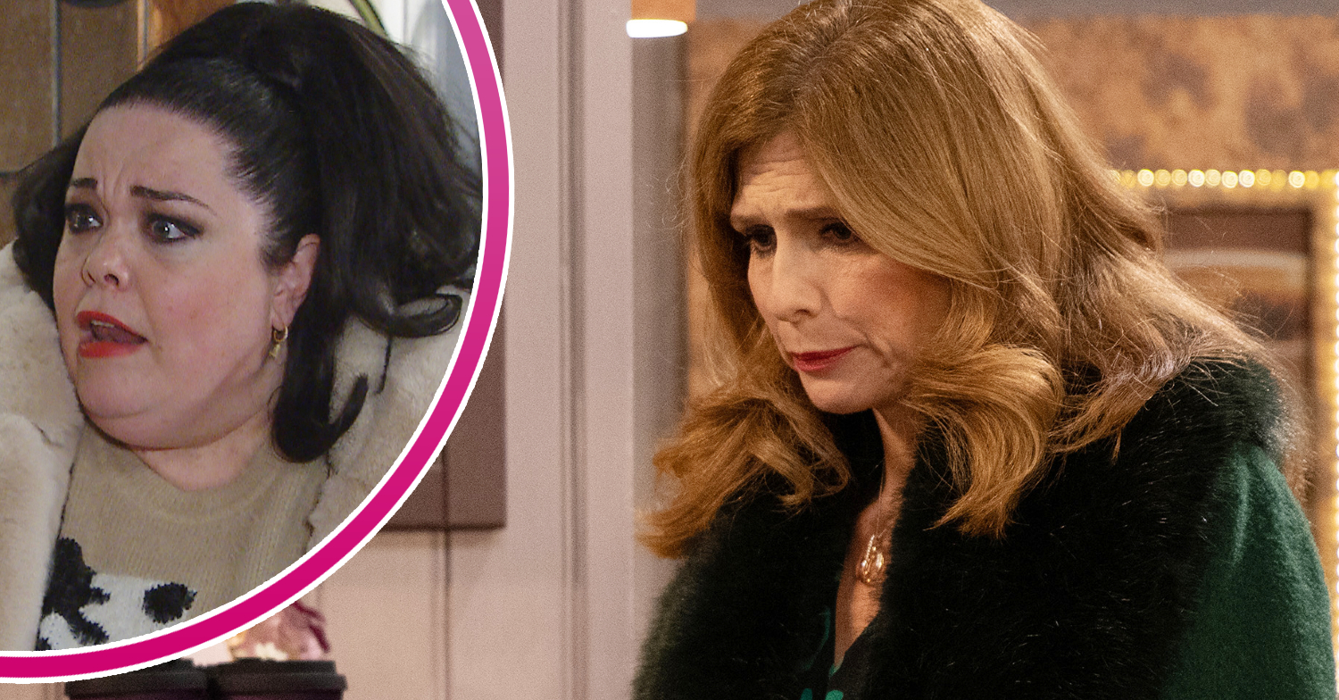 Emmerdale's Bernice is looking upset whilst looking down and, in a bubble, Mandy is looking shocked