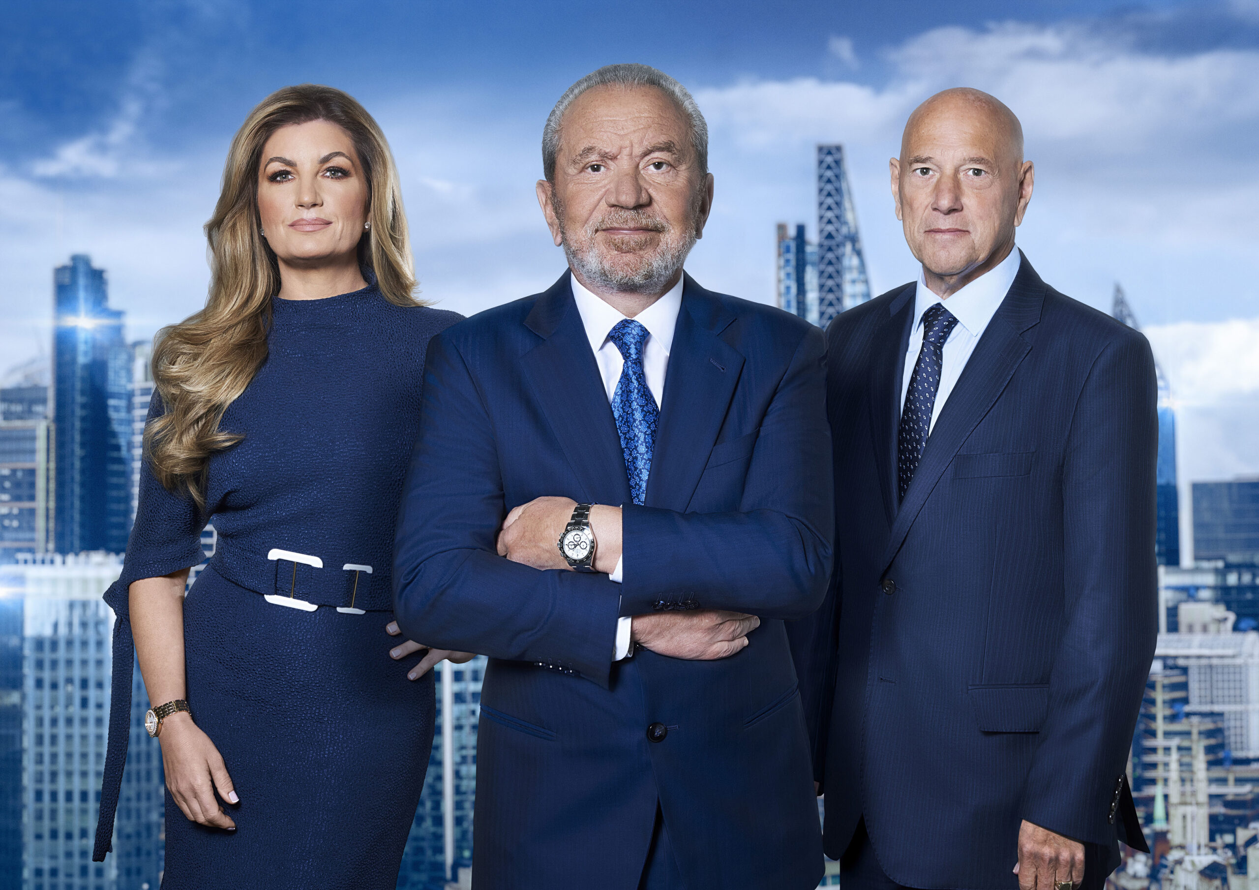 Lord Sugar, Karen Brady and Claude Littner pose for The Apprentice series 17