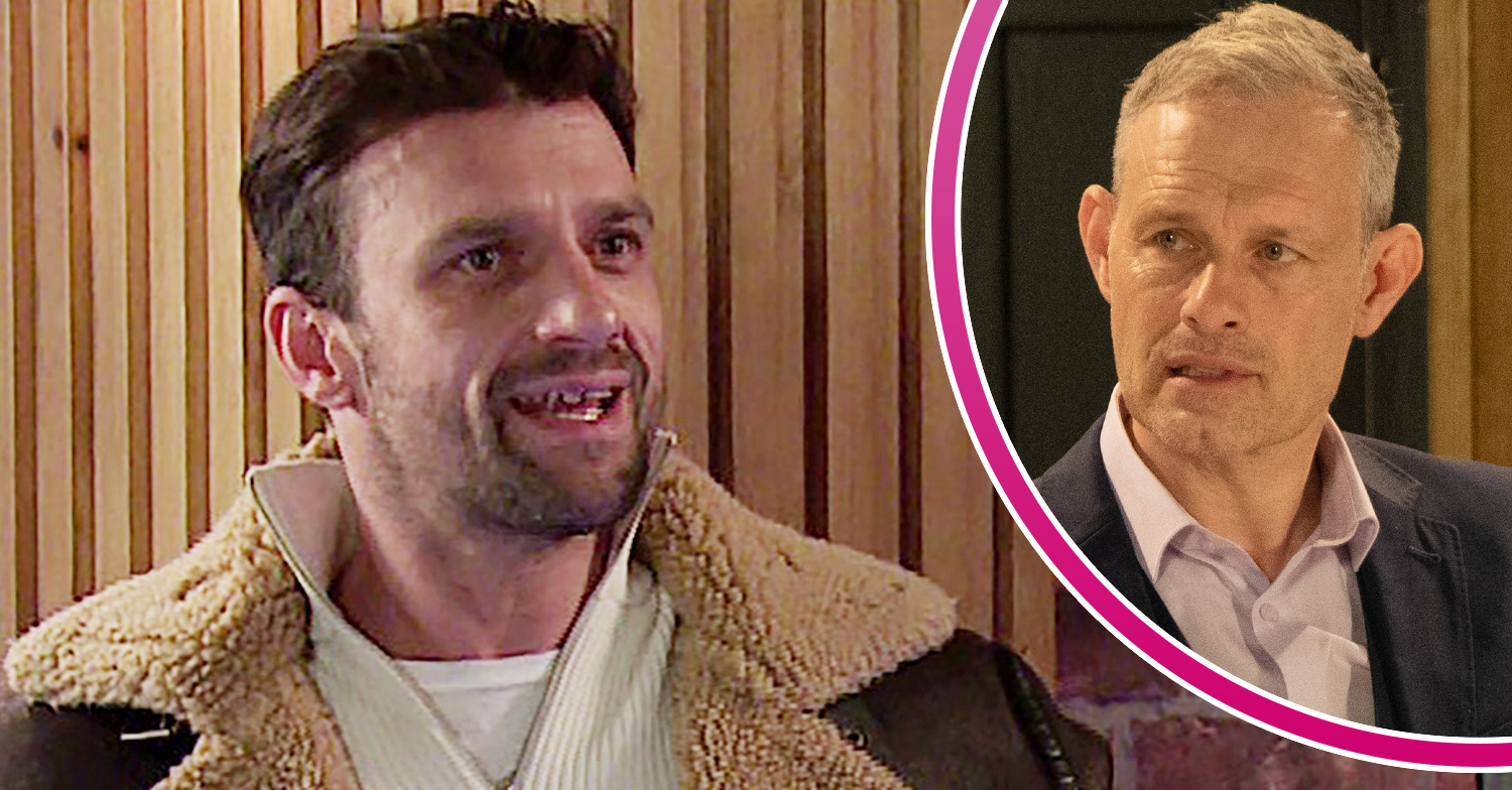 Coronation Street's Damon is smiling and, in a bubble, Nick is looking worried