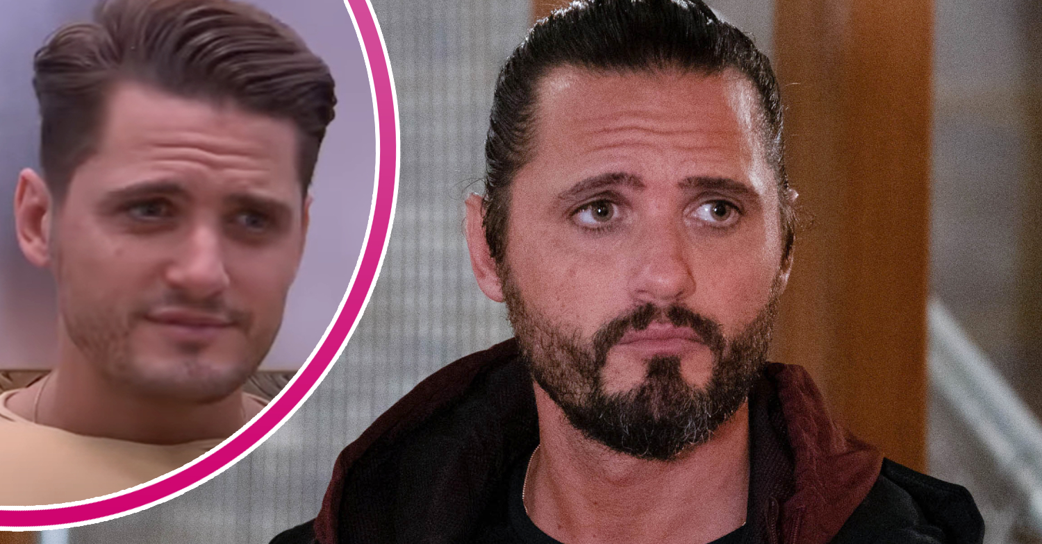 EastEnders' Brett is looking worried and, in a bubble, is Ziggy from Hollyoaks
