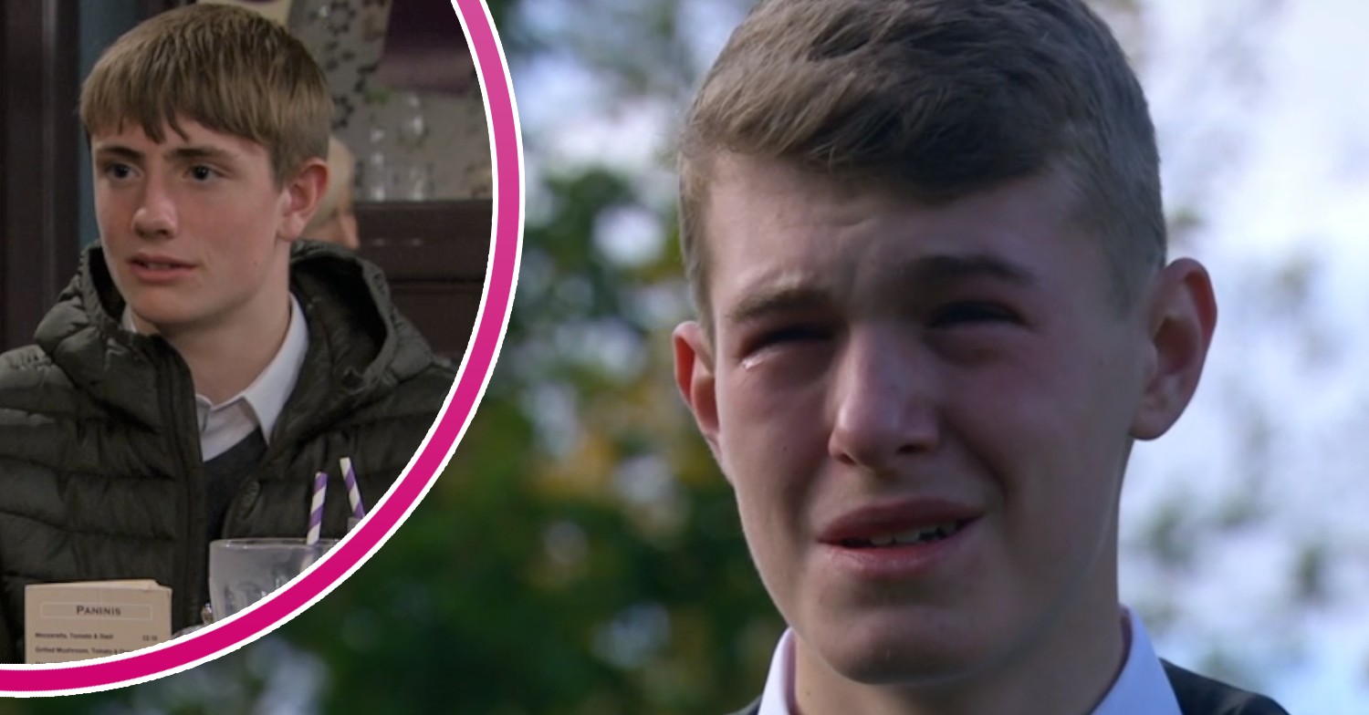 Marshall smiling and Arthur crying in Emmerdale