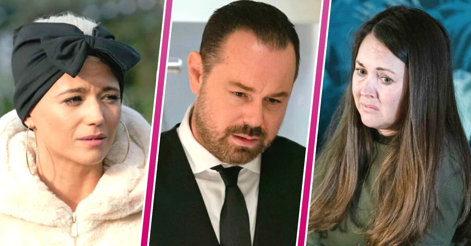 EastEnders characters Lola, Mick and Stacey in three-way split shot