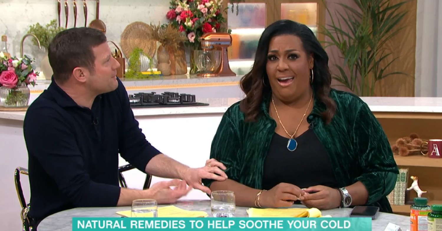 Dermot looks at Alison who looks shocked on This Morning today