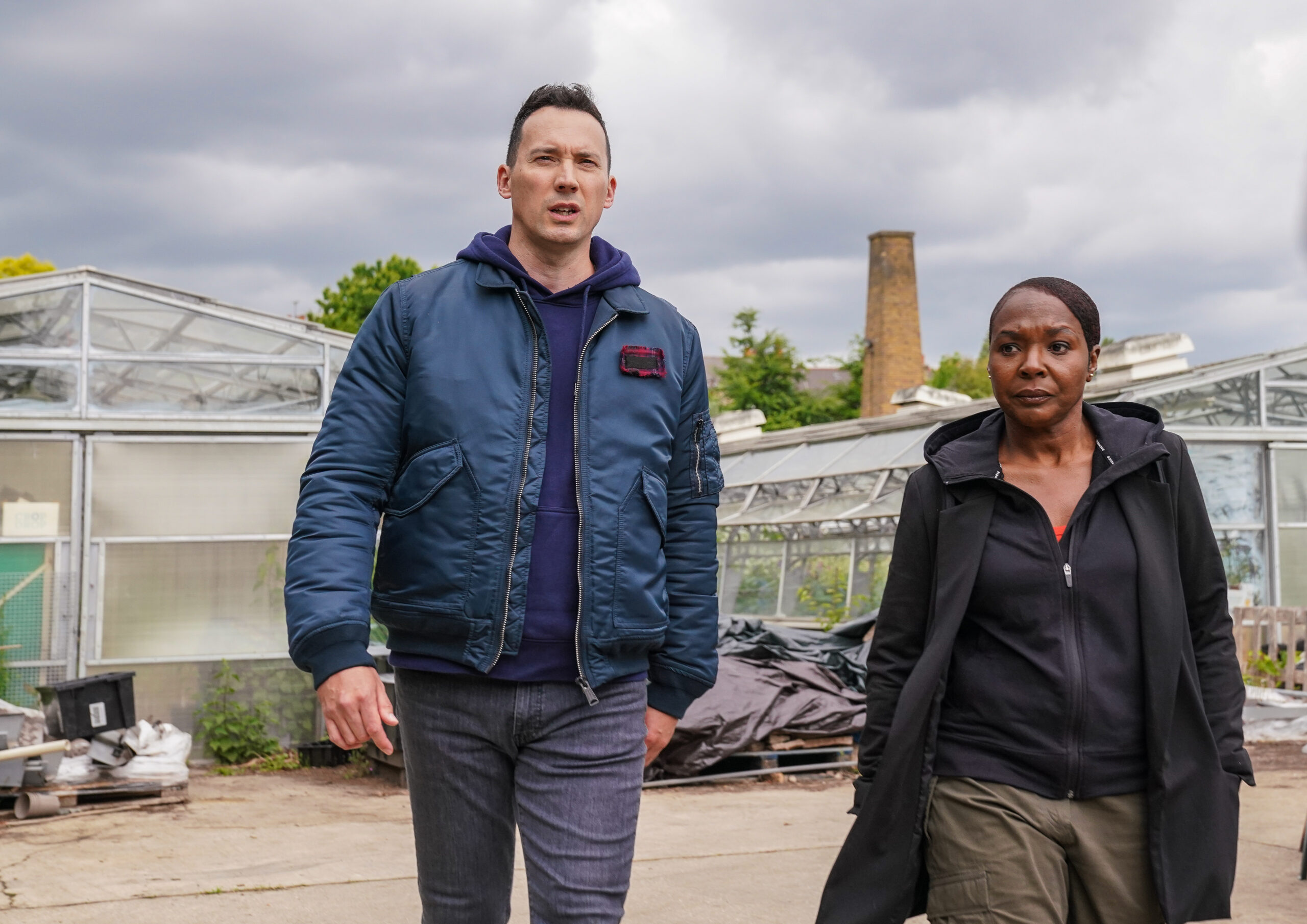 David Caves and Nadine Marshall in character on set of Silent Witness