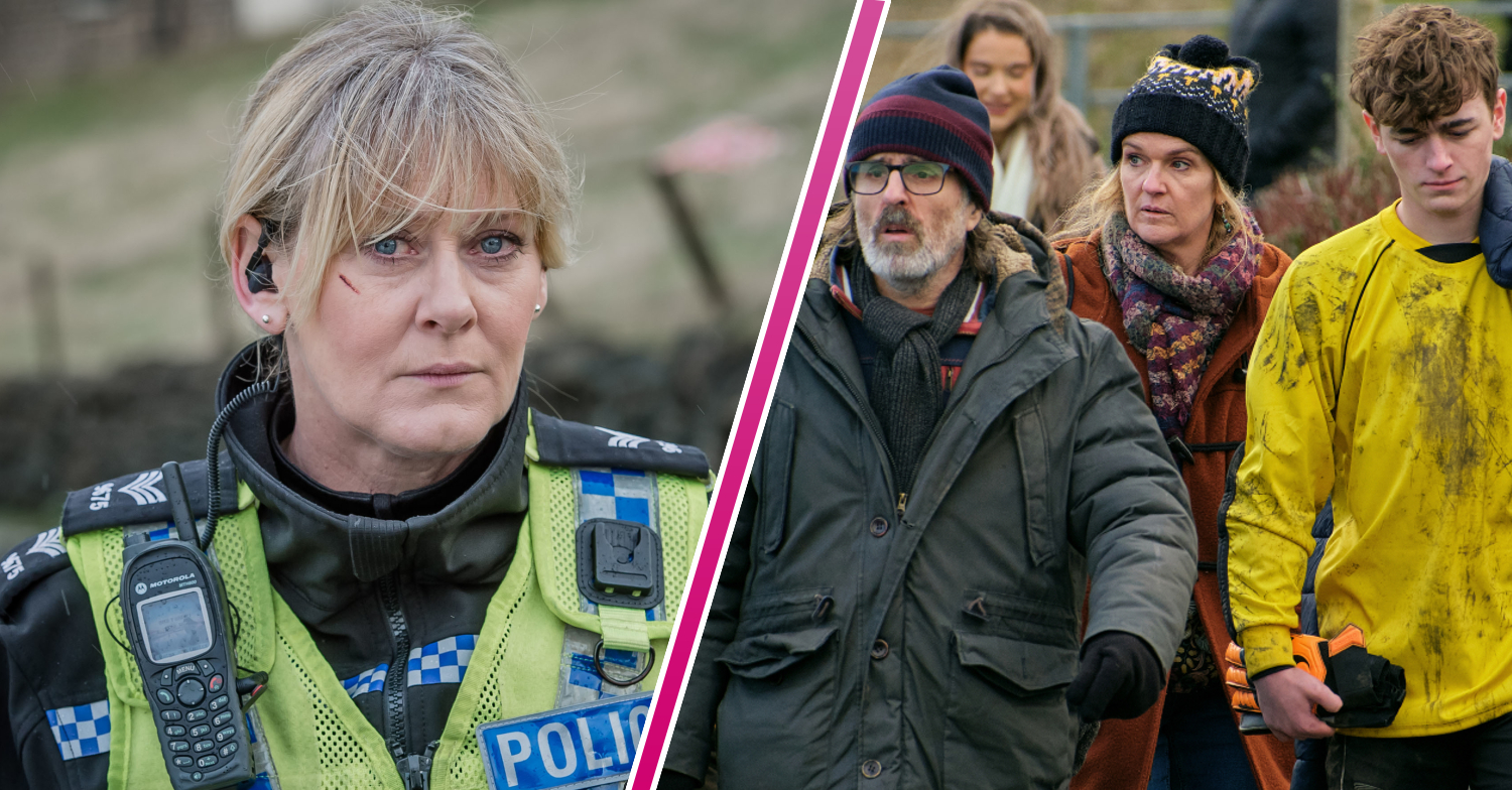 Catherine smirks with a cut on her face/Neil, Ryan and Clare walk together in Happy Valley
