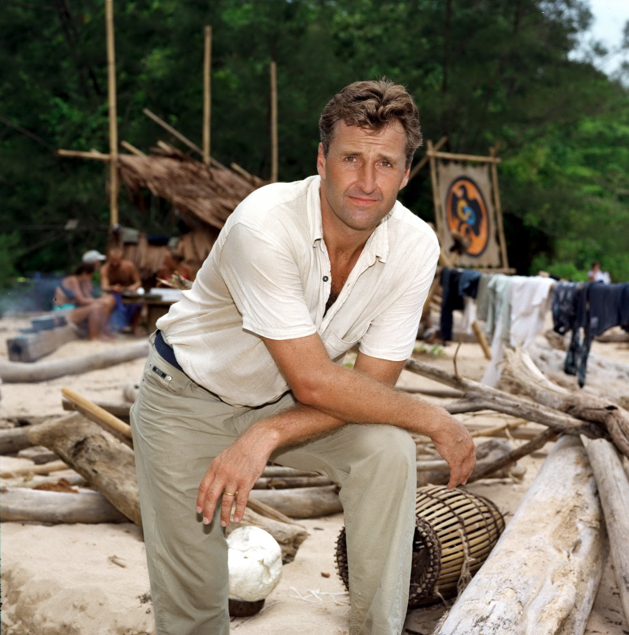 Mark Austin on set of Survivor ITV in 2001
