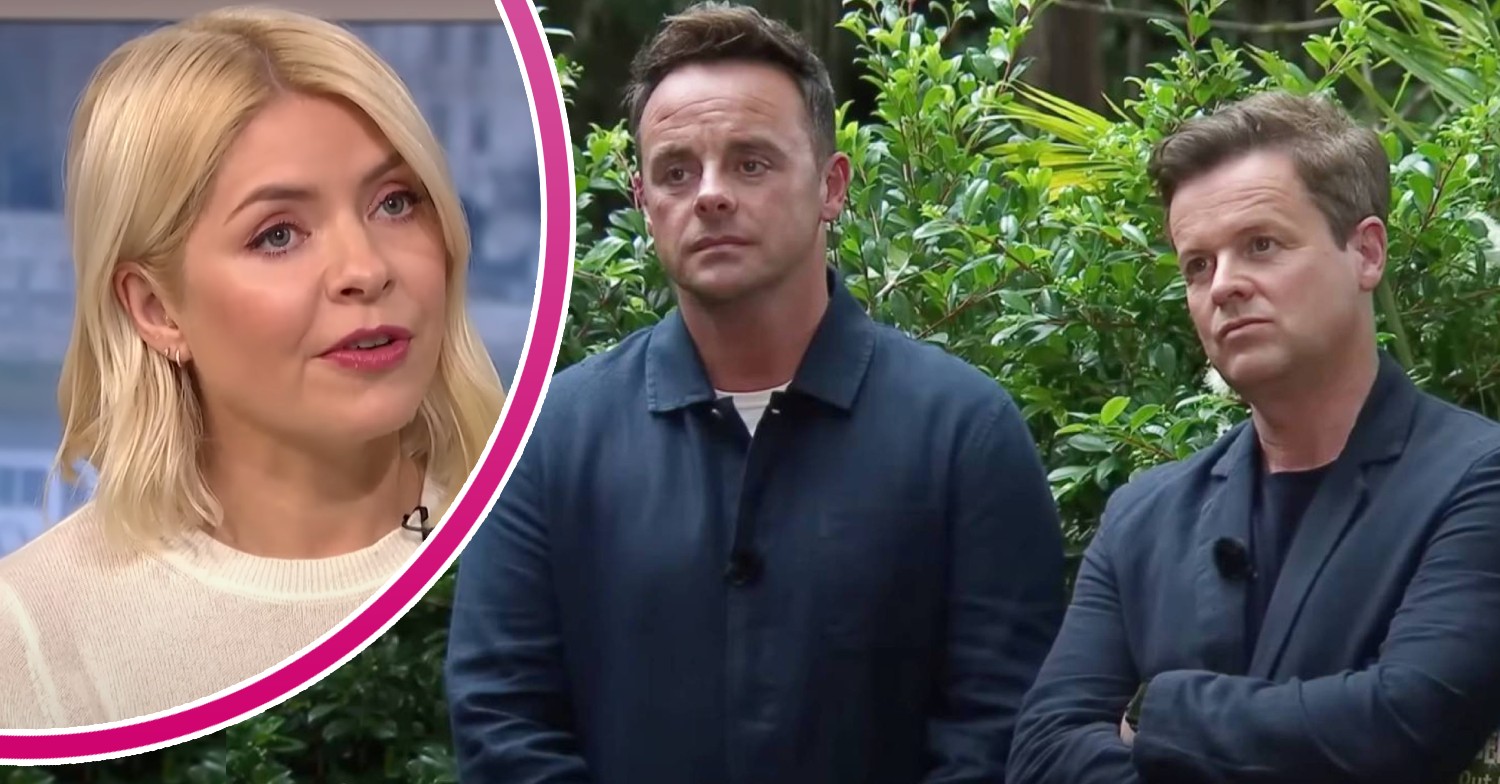 Holly Willoughby looks upwards, Ant and Dec look serious