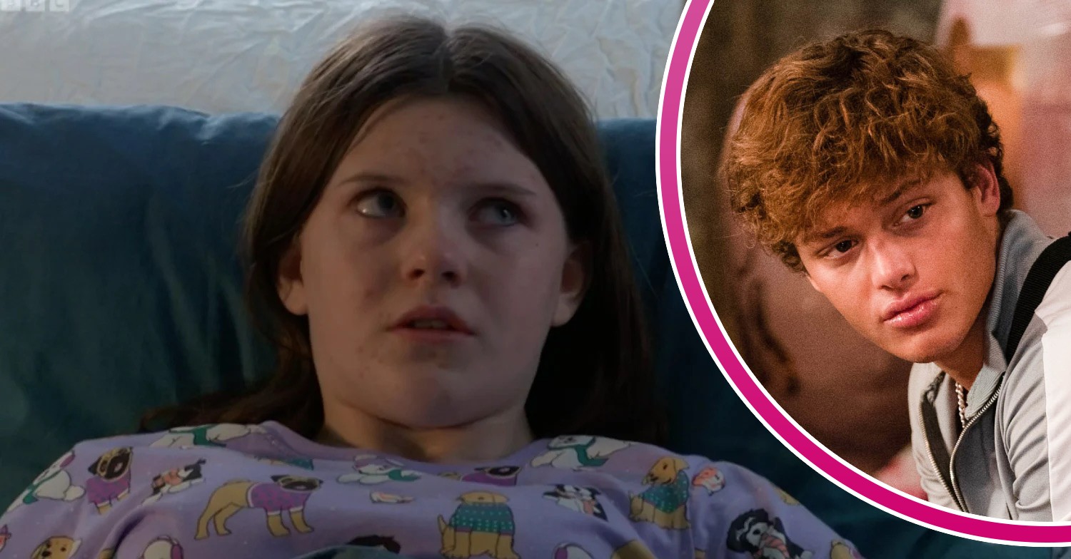 Lily Slater in the hospital and Freddie slater smiling in EastEnders