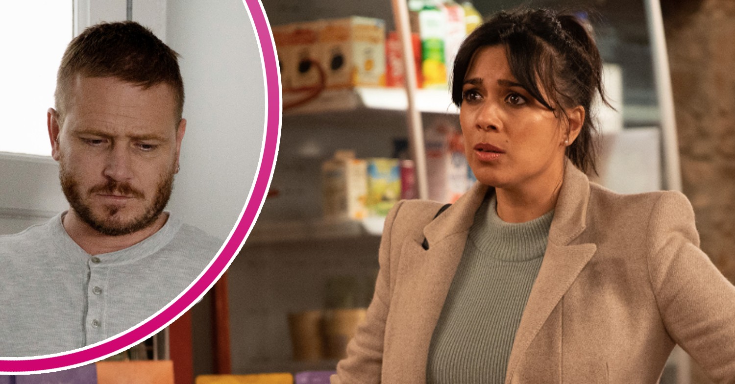 Priya Kotecha looks shocked with an inset picture of sad David