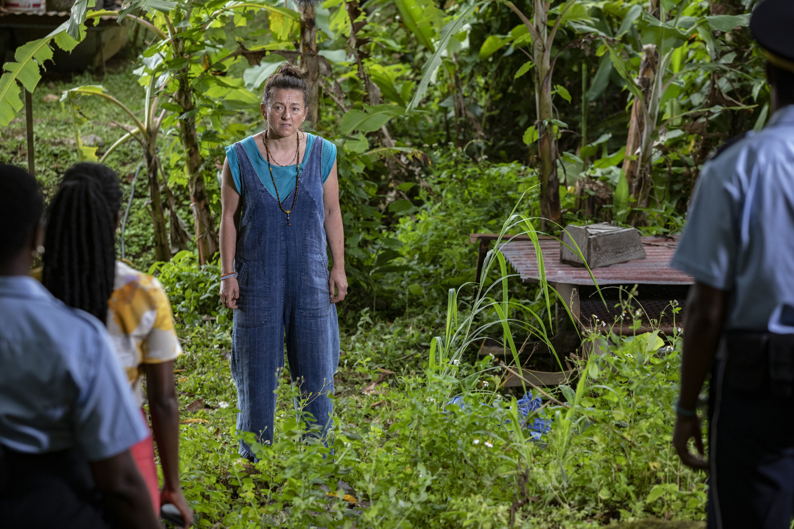 Jo Hartley in dungarees as Raya West in Death in Paradise