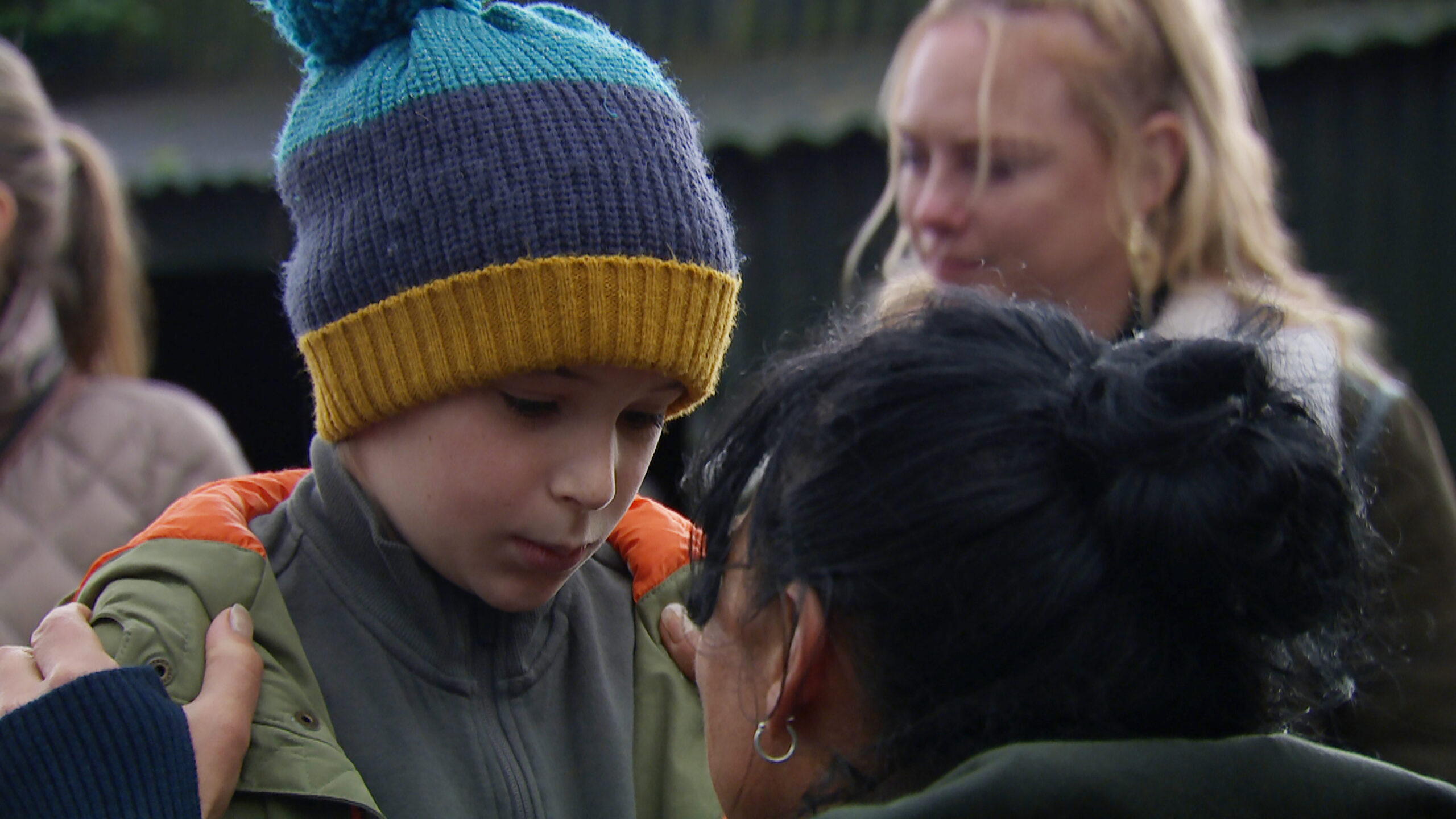 Emmerdale: Kyle looks down at Moira as she talks to him with her hands on his shoulders