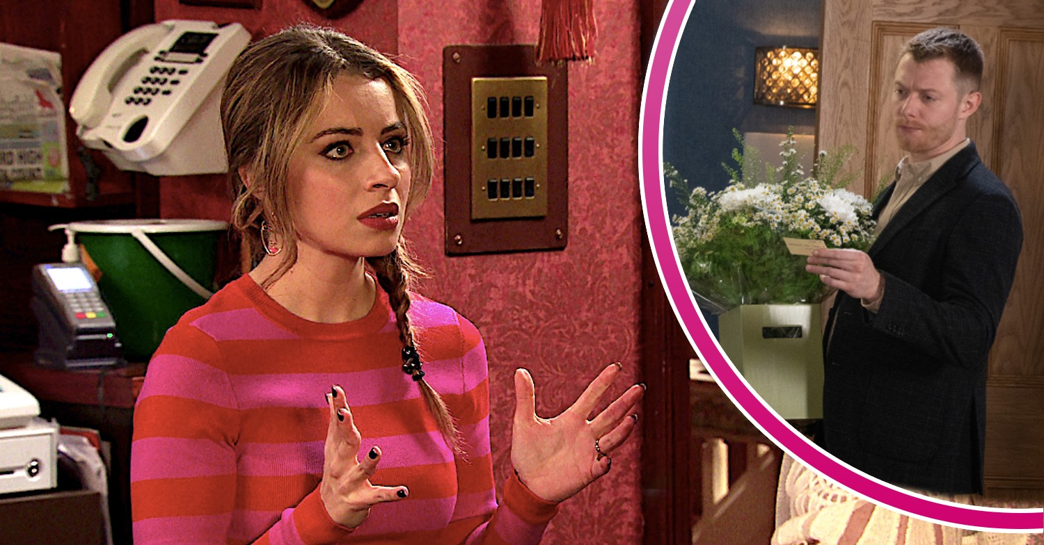 Daisy looks shocked with an inset of Daniel with a bouquet