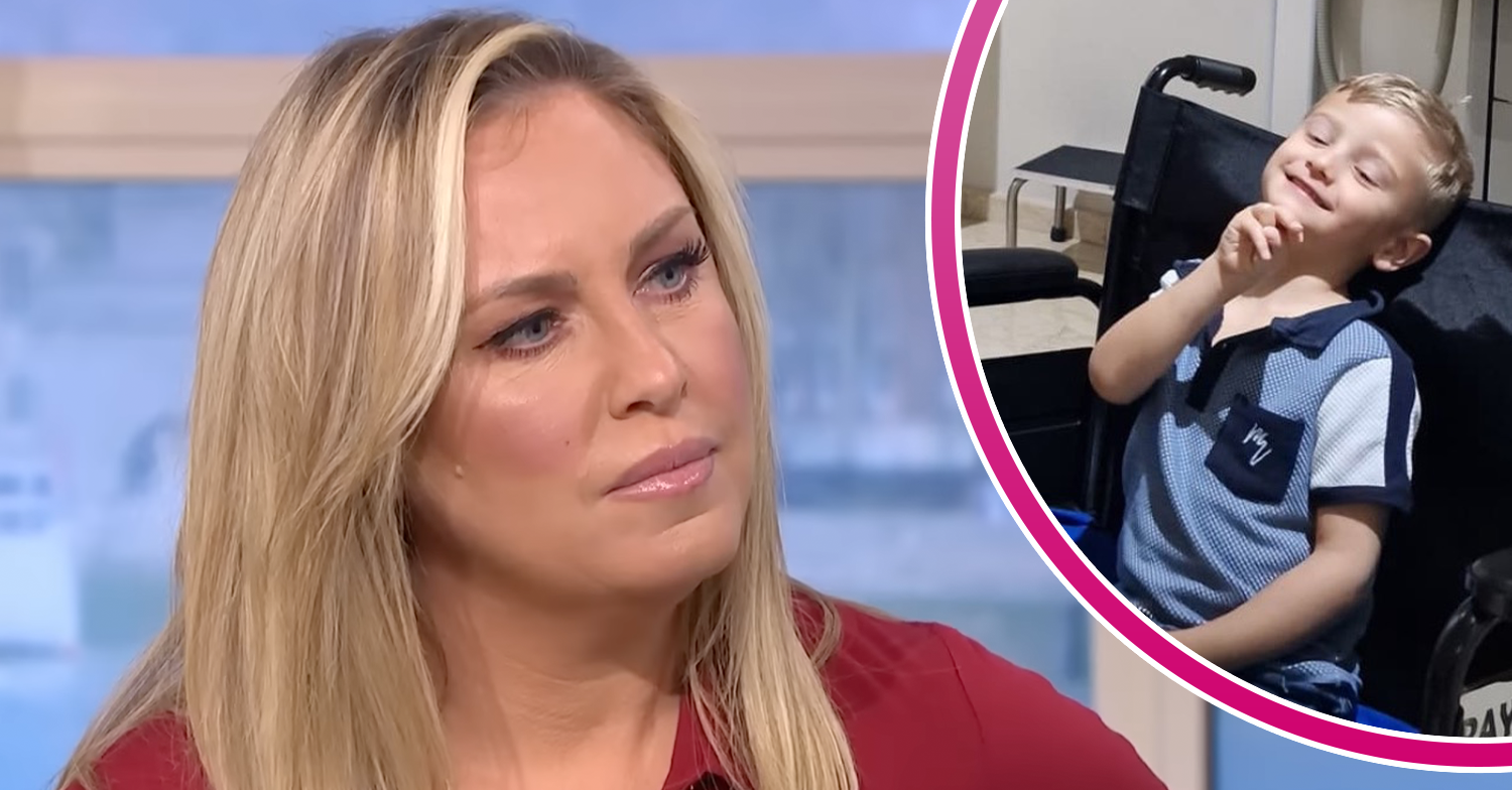 Josie Gibson looking concerned and son Reggie inset
