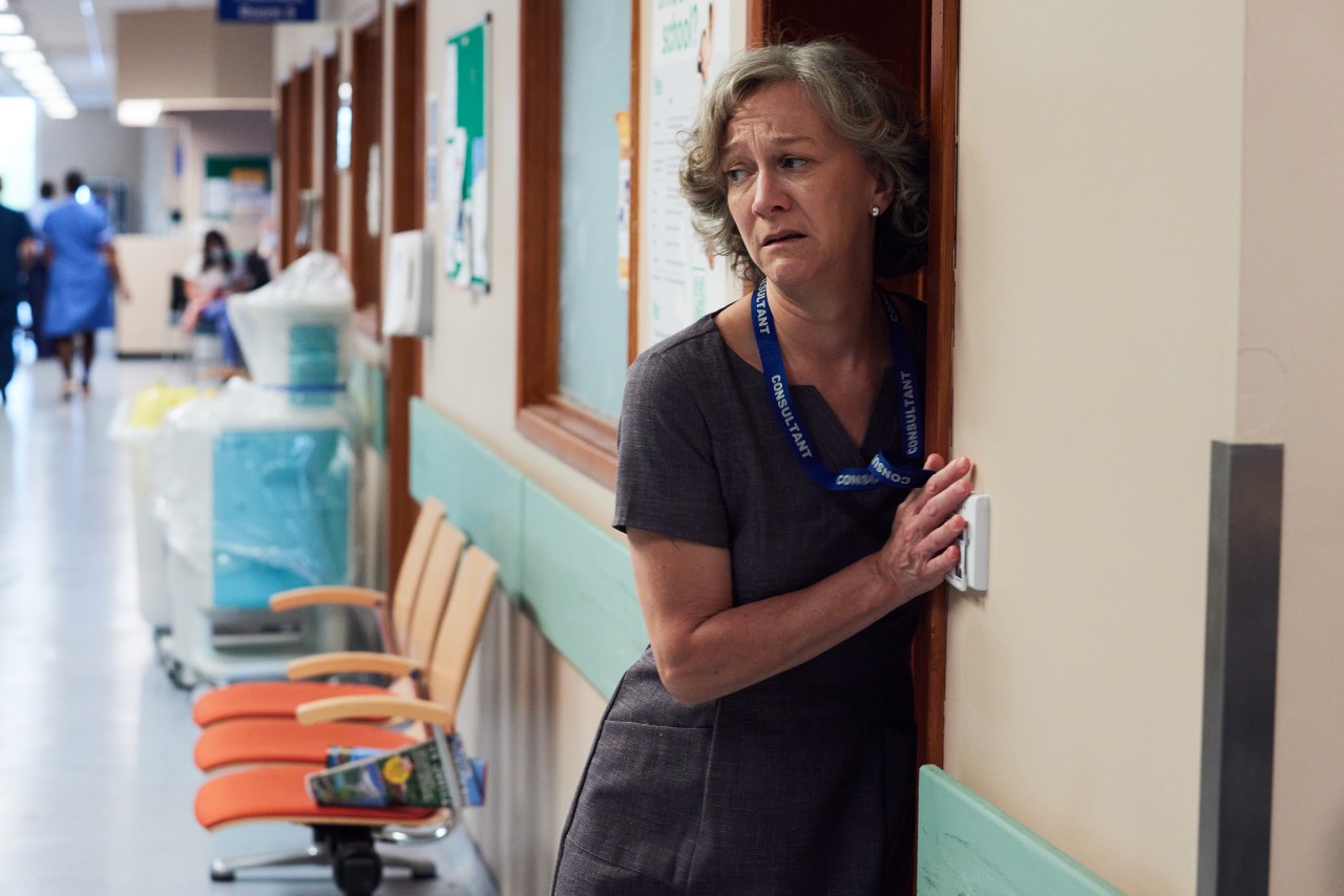 Becky Hillford looks upset in Maternal