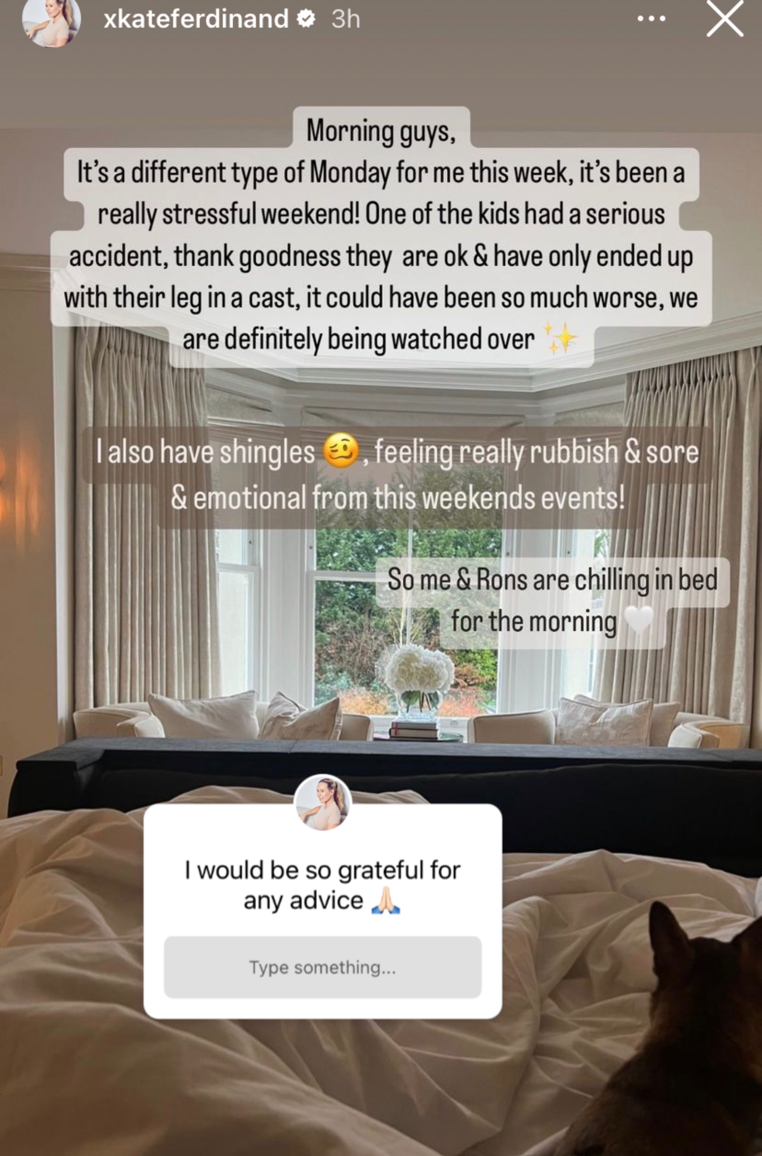 Kate Ferdinand tells of accident on Instagram