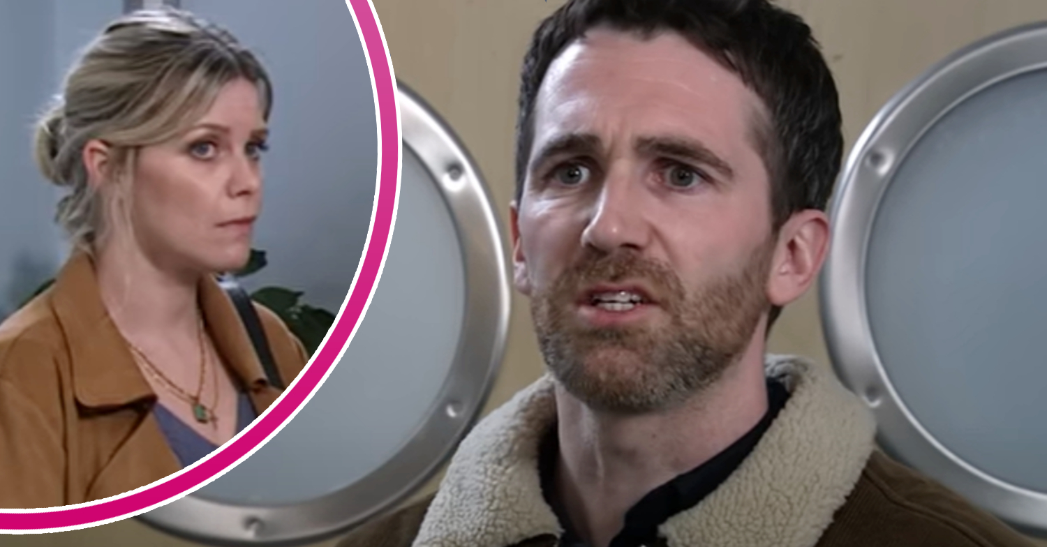 Coronation Street's Mike is looking guilty and, in a bubble, Esther is looking shocked