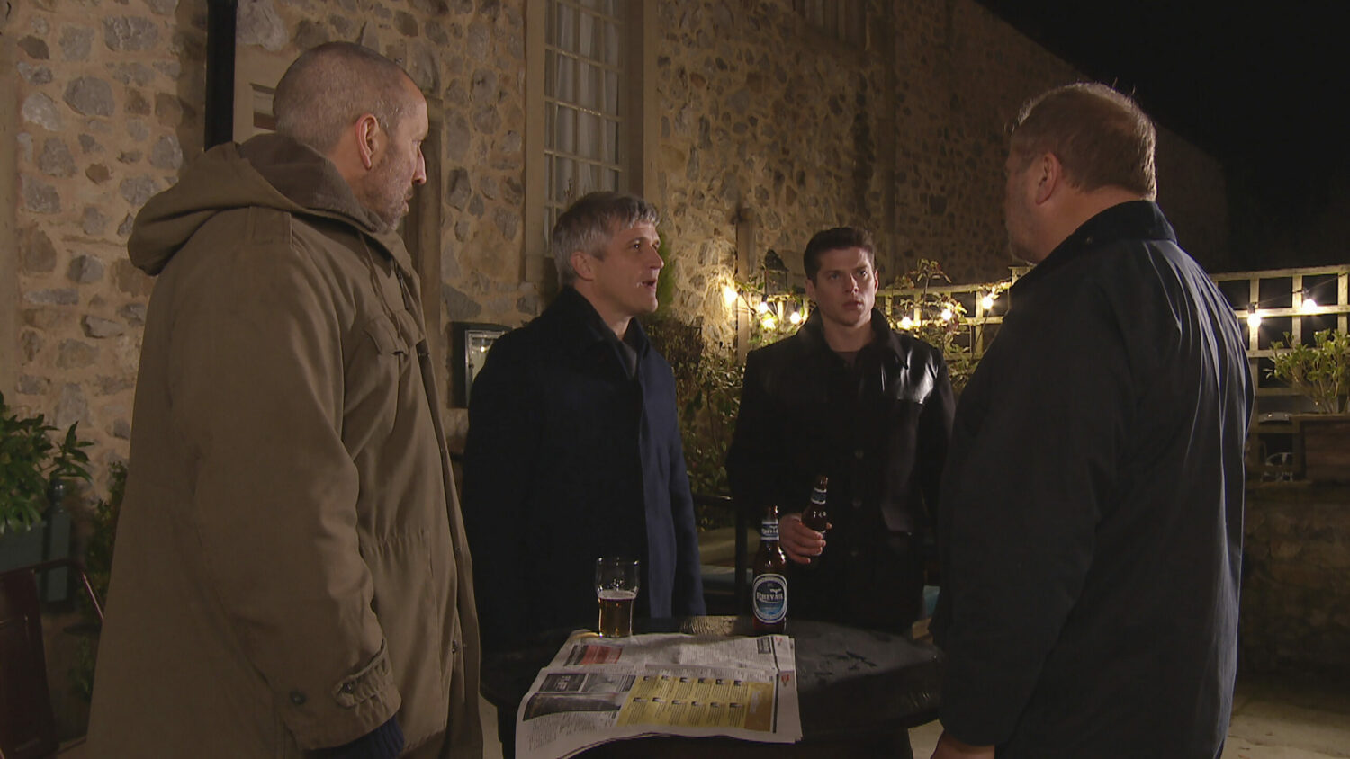 Emmerdale's Sam. Will, Nicky and Caleb are outside The Woolpack