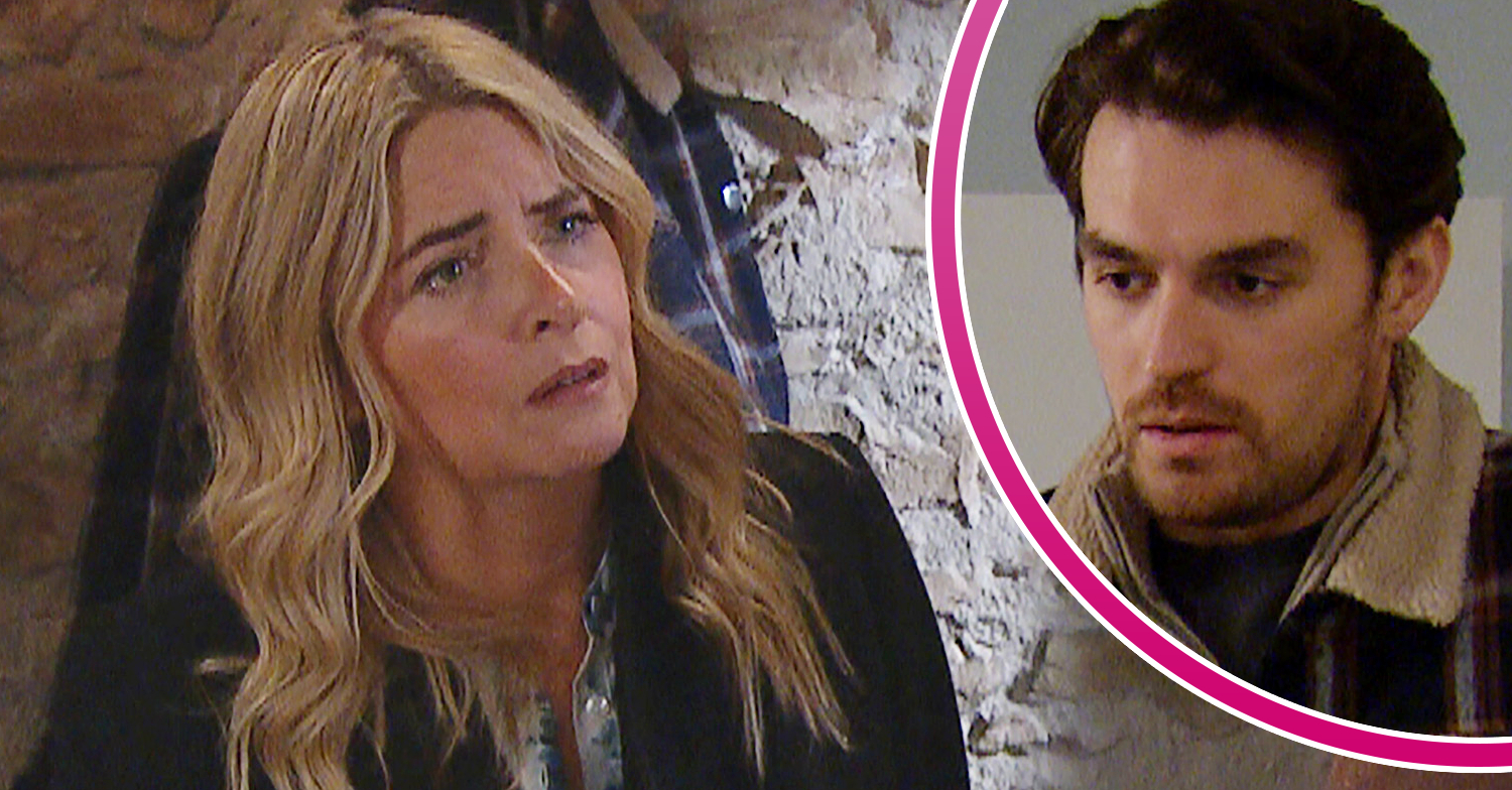 Emmerdale's Charity is looking concerned and, in a bubble, Mack is looking guilty