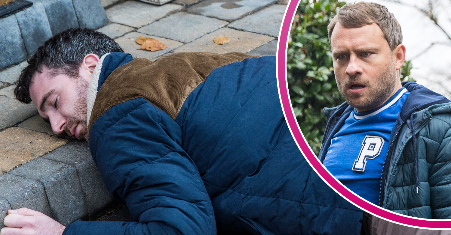 Coronation Street's Mike is lying unconscious on the floor and, in a bubble, Paul is looking worried