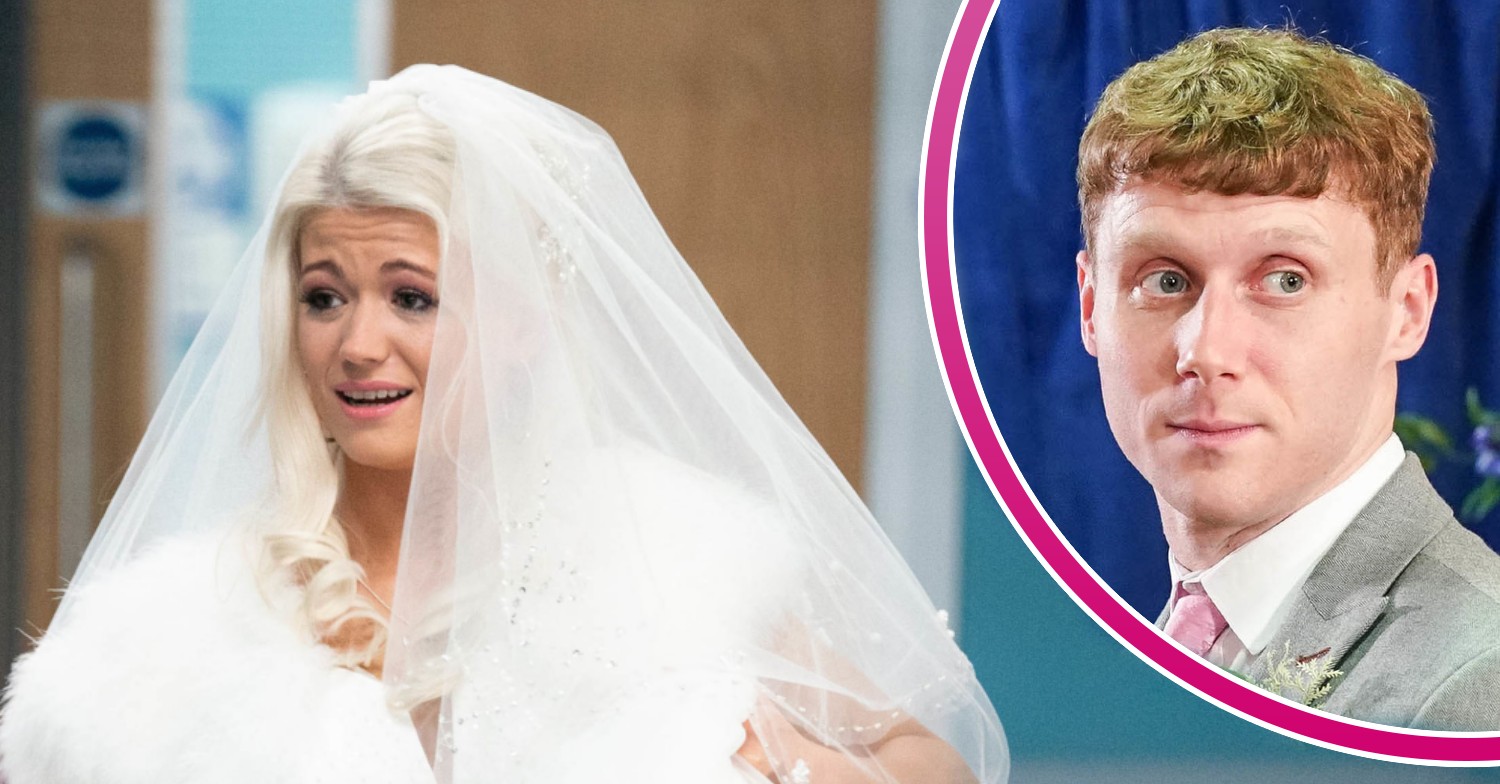 EastEnders' Jay smiling and Lola wearing a wedding dress at the hospital