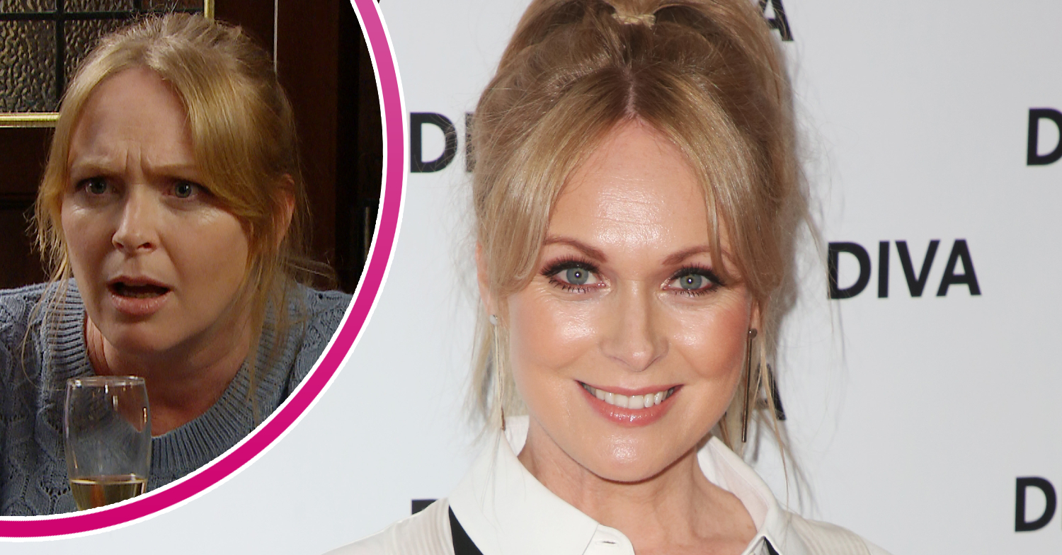 Emmerdale's Michelle Hardwick is smiling and, in a bubble, Vanessa is looking shocked