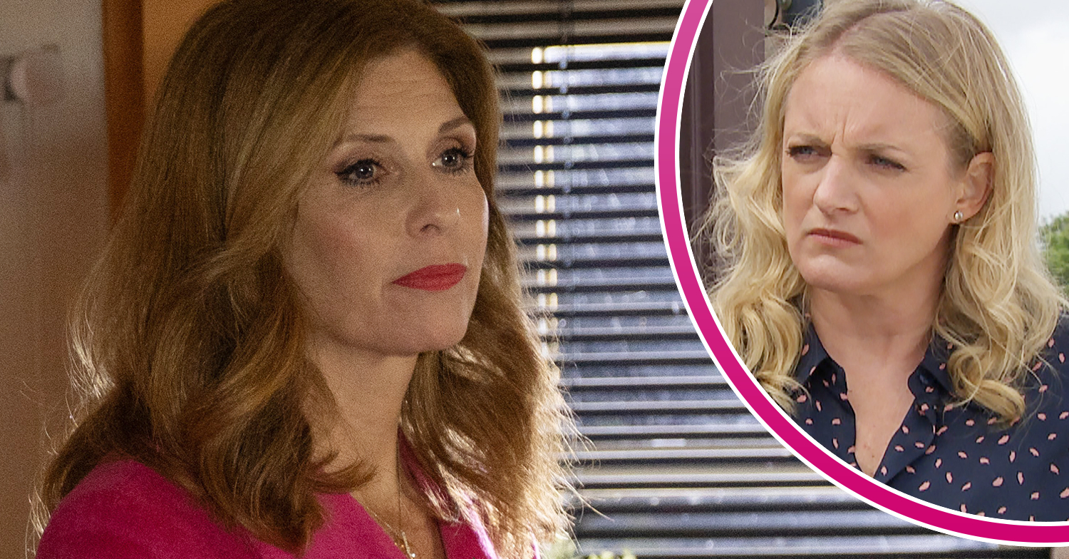 Emmerdale's Bernice is looking thoughtful and, in a bubble, Nicola is looking irritable