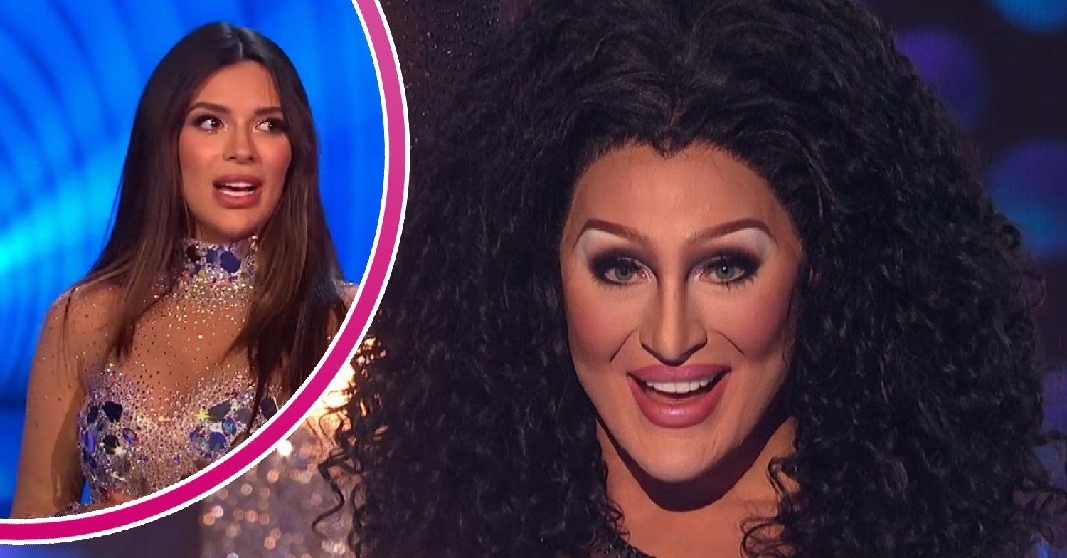 Ekin-Su looking to the side, The Vivienne smiling on Dancing On Ice