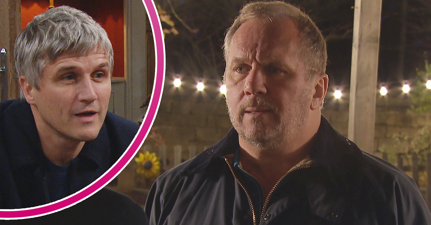 Emmerdale's Will is looking angry and, in a bubble, Caleb is looking serious