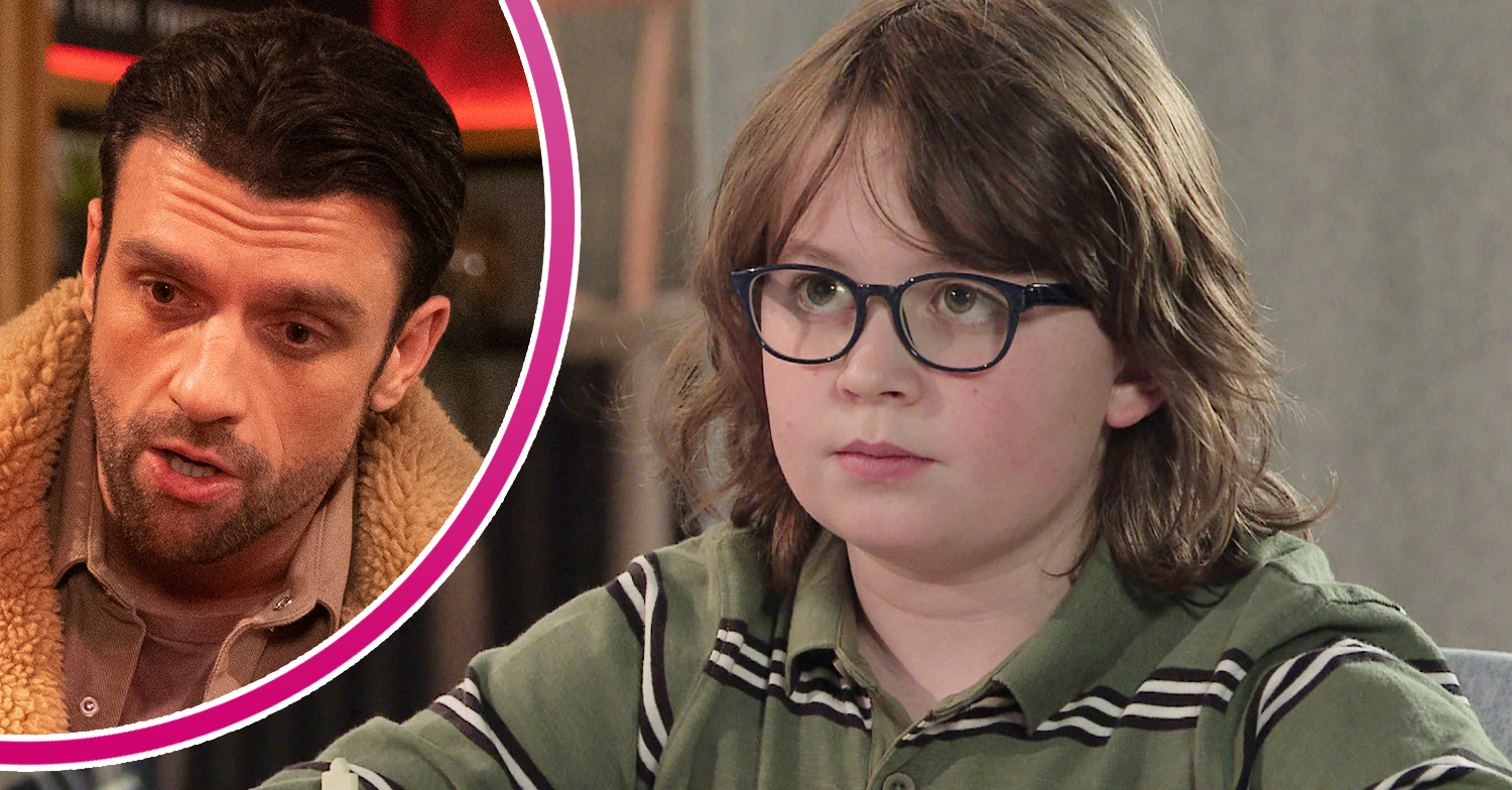 Coronation Street's Sam is looking worried and, in a bubble, Damon is looking serious