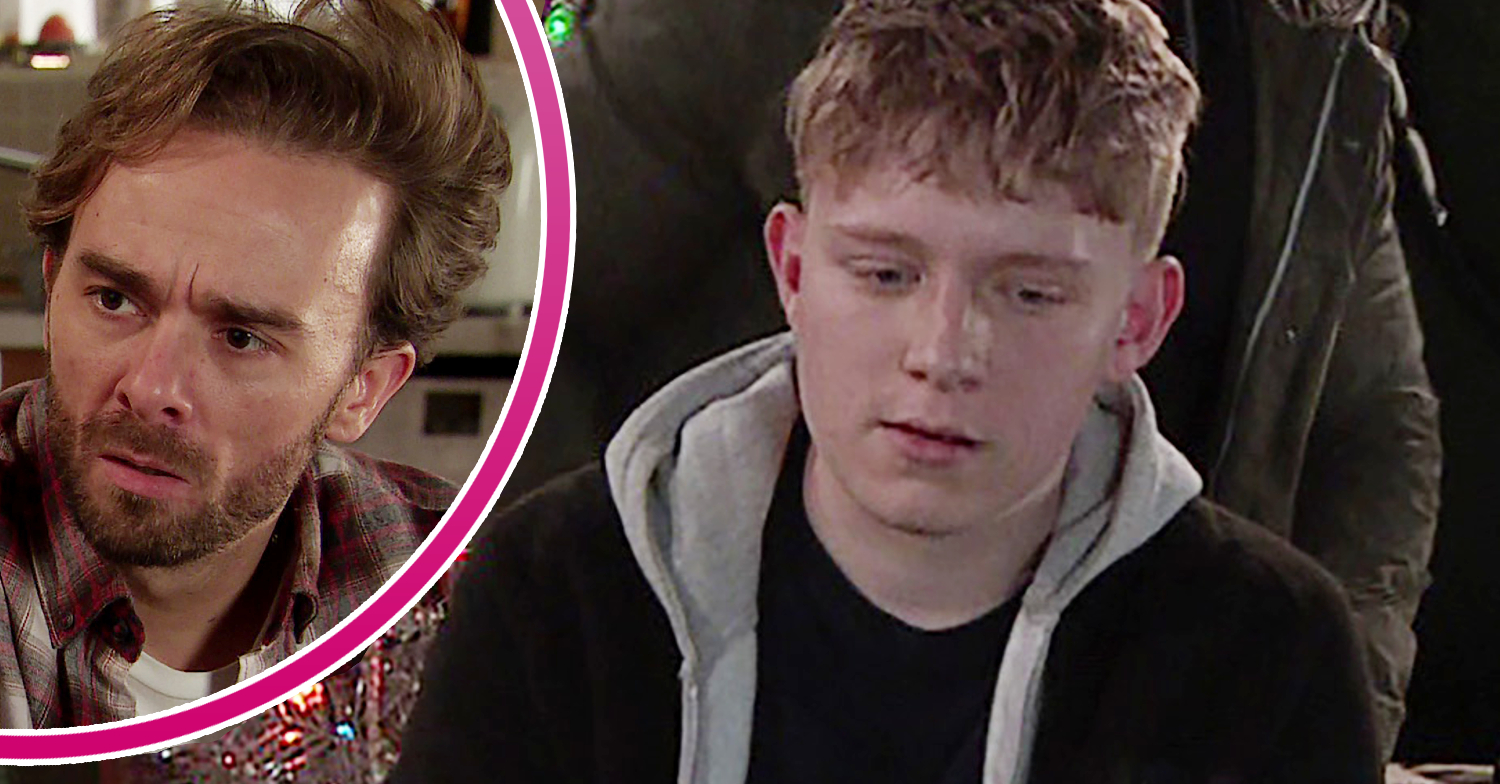 Coronation Street's Max is looking uncomfortable and, in a bubble, David is looking concerned