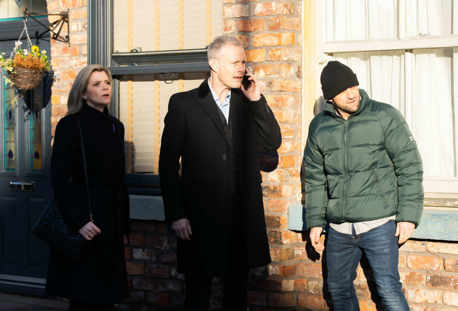 Leanne, Nick and Damon look shocked and scared as Nick takes Sam's call