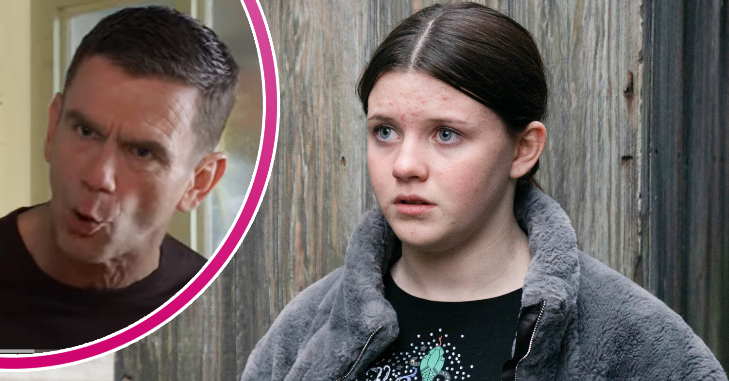 EastEnders' Lily is looking worried and, in a bubble, Jack is furious