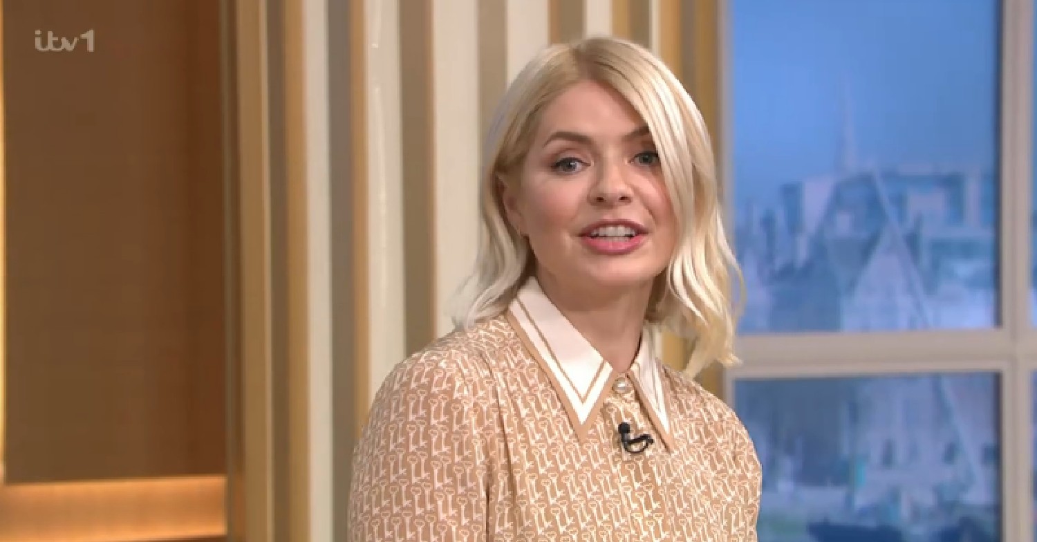 Holly Willoughby in tan dress on This Morning today