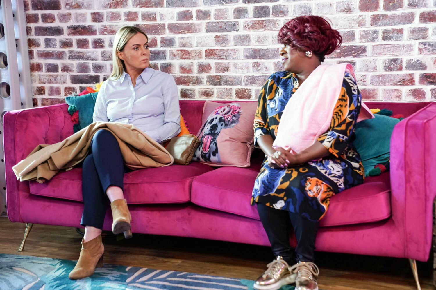 Emma and Kim talk seriously at the salon in EastEnders