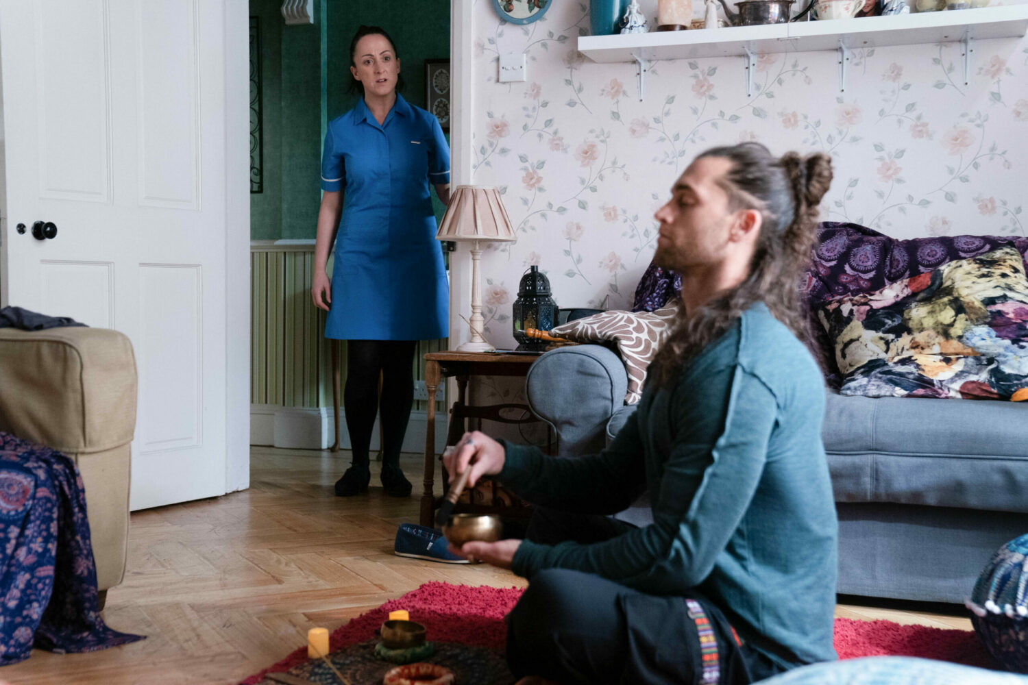 Sonia Fowler isn't pleased to see Jed chanting in the living room