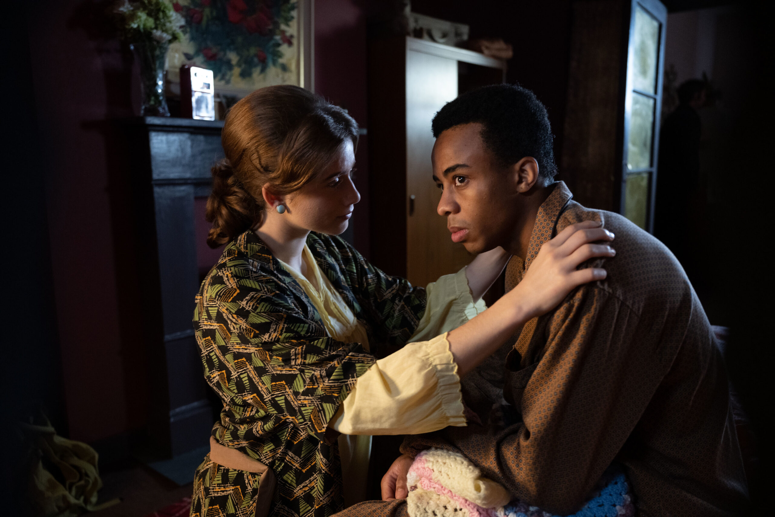 Justine Moore as Jill Mellor and Keenan Munn-Francis as Spencer Wray in Call the Midwife